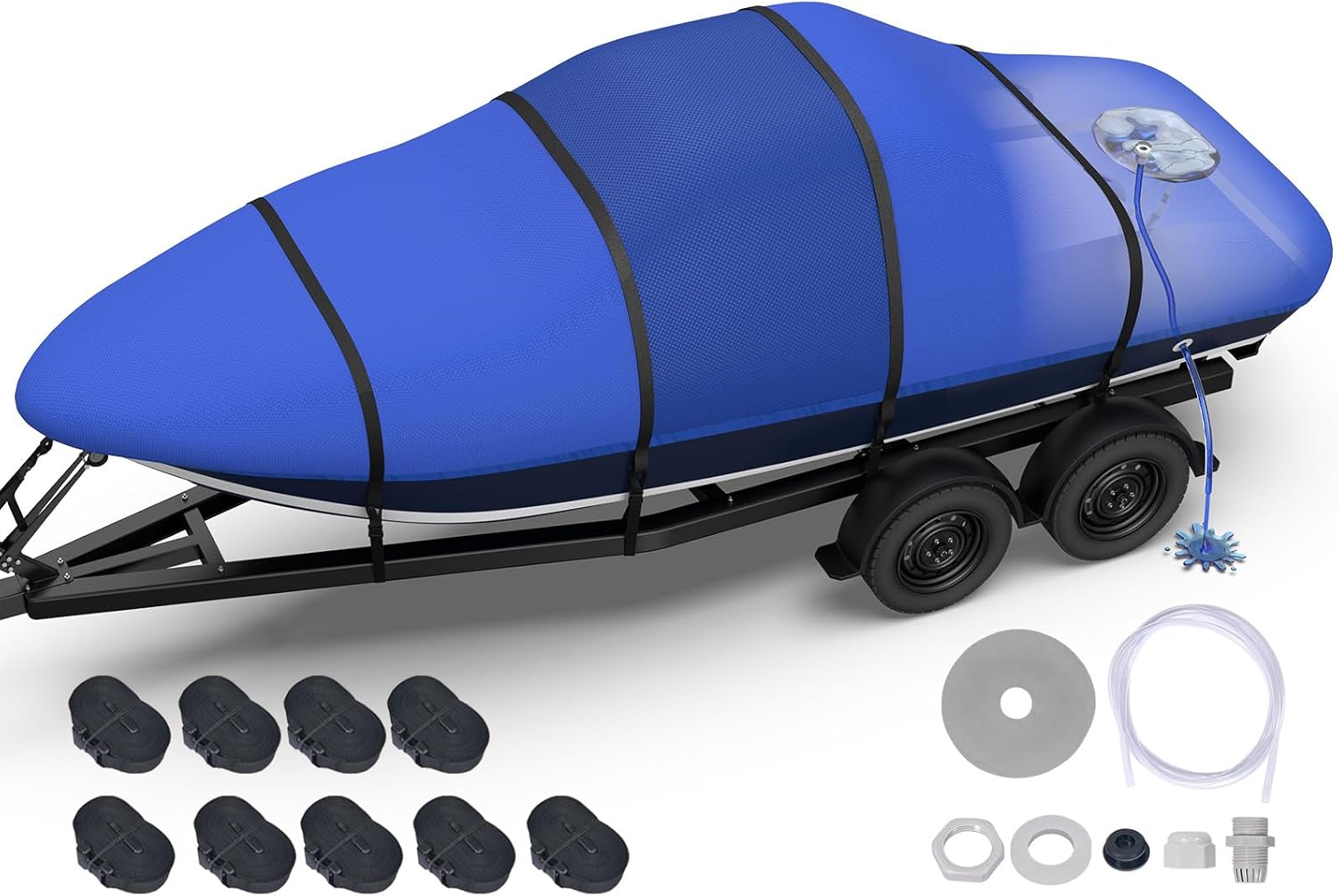 Heavy Duty Boat Cover 17'-19', 1400D Middle Reinforced Waterproof Polyester Canvas, Trailerable Boat Cover with Fast Drainage Kits Fit 17-19ft V-Hull/Tri-Hull/Runabout/Bass Boat/Fish & Ski, Blue