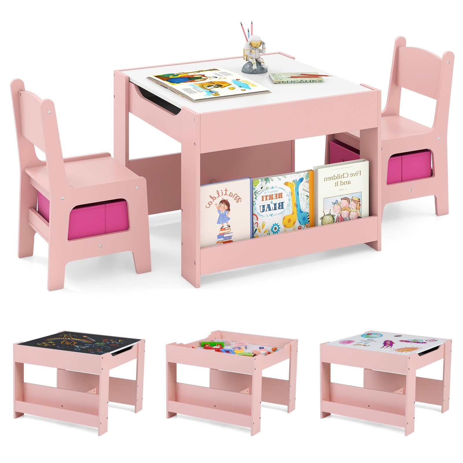 Kids Table and Chair Set, 4 in 1 Wooden Activity Desk with Reversible Tabletop Storage Drawers Bookshelves for Toddlers Art Craft Learning Reading Drawing Playroom (Pink)