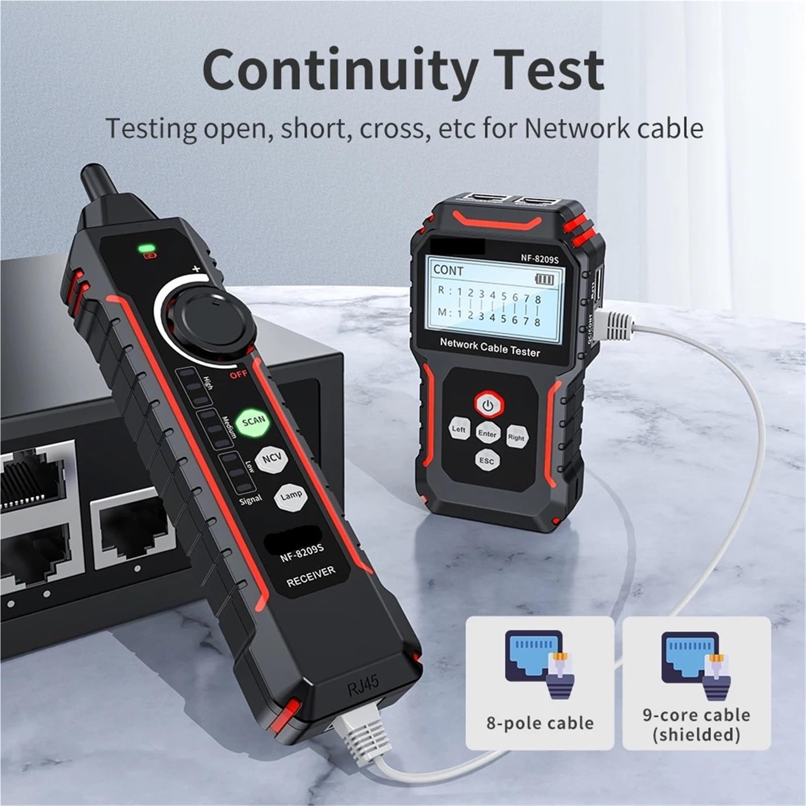 Tester for cavi di rete Misura la lunghezza Test del cavo LAN POE Display LCD Scansione Mappatura dei Tracker Strumenti Prove di trasmissione