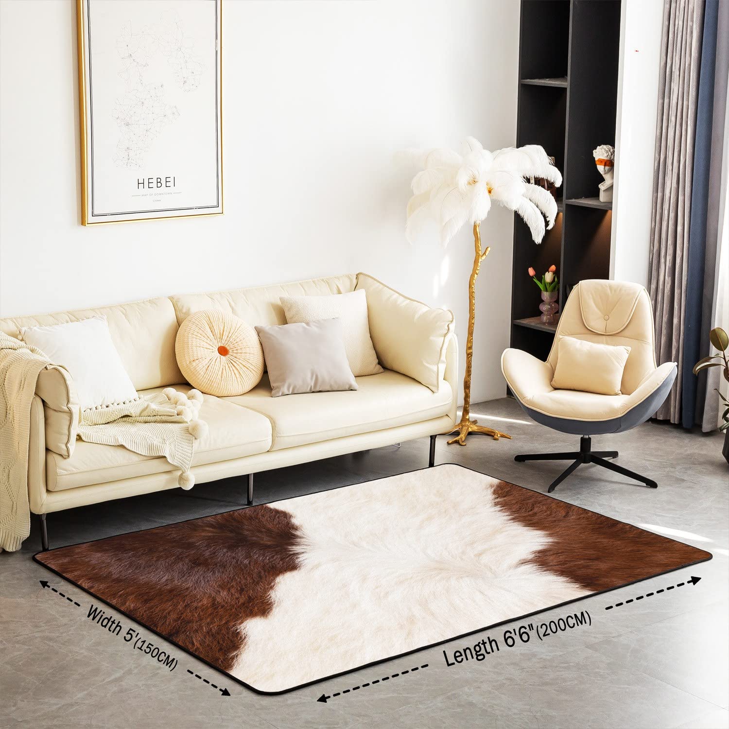 Loussiesd Alfombra de piel de vaca para sala de estar, dormitorio, animal de granja occidental, color marrón y blanco, 150 x 200 cm