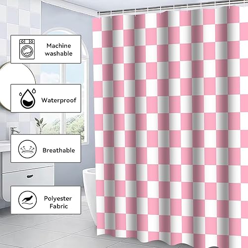 Miniatura 6 de Juego de 4 cortinas de ducha a cuadros, divertidos juegos de baño a cuadros, suaves y antideslizantes, cubierta de inodoro en forma de U, cortinas