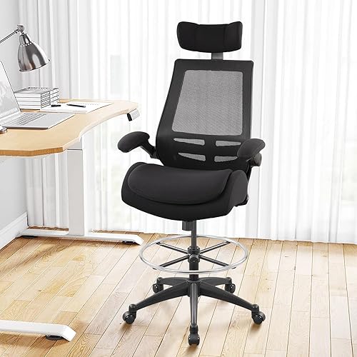 Silla de oficina alta ergonómica de 400 libras para escritorio de pie ajustable con brazos abatibles, reposacabezas (con reposapiés, negro)