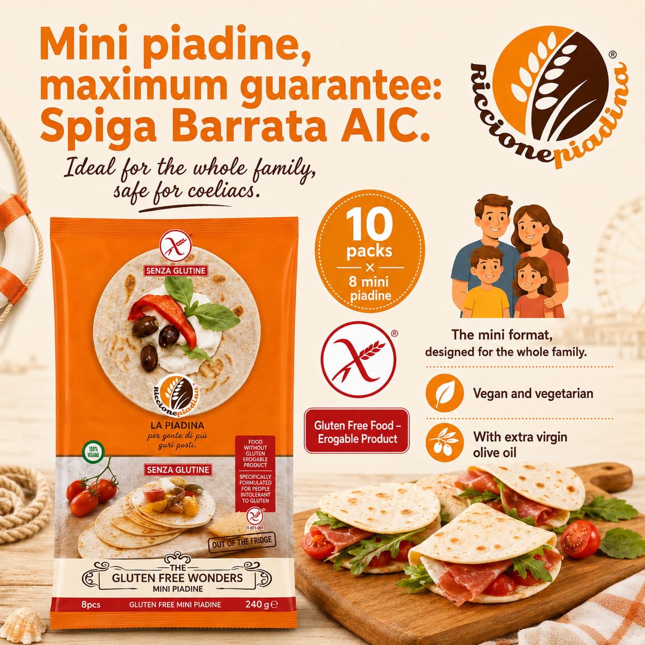 Riccione Piadina Le Meraviglie Senza Glutine Mini Piadine Fuori Frigo - 10 Confezioni da 8 Mini (240 g) - Vegane, con Olio Extravergine, Marchio Spiga Barrata AIC