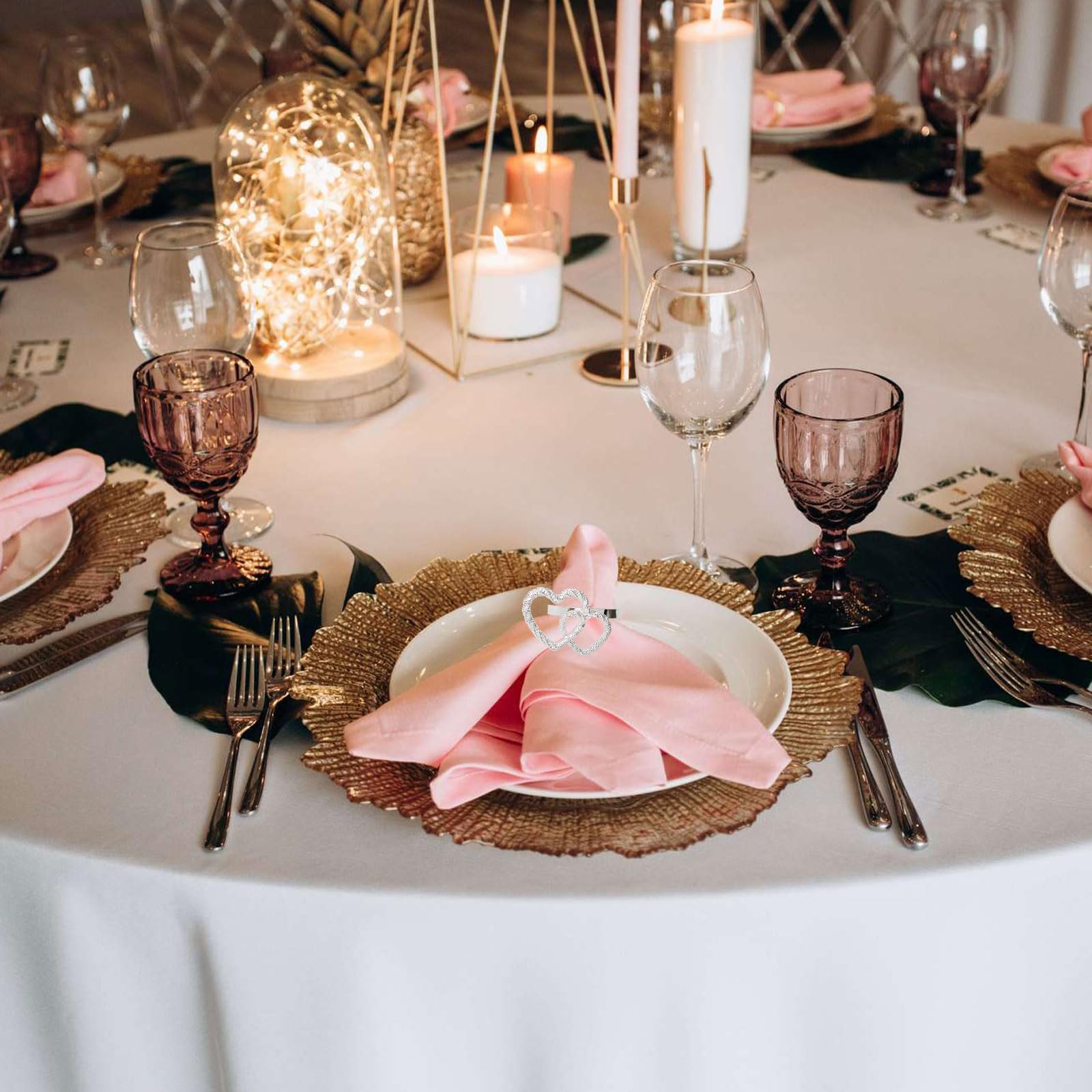 Servilleteros de corazón para el día de San Valentín, doble letra de amor, servilleteros para bodas, fiestas, cenas, vacaciones, mesa, decoración de mesa, decoración del hogar (doble amor-plateado)