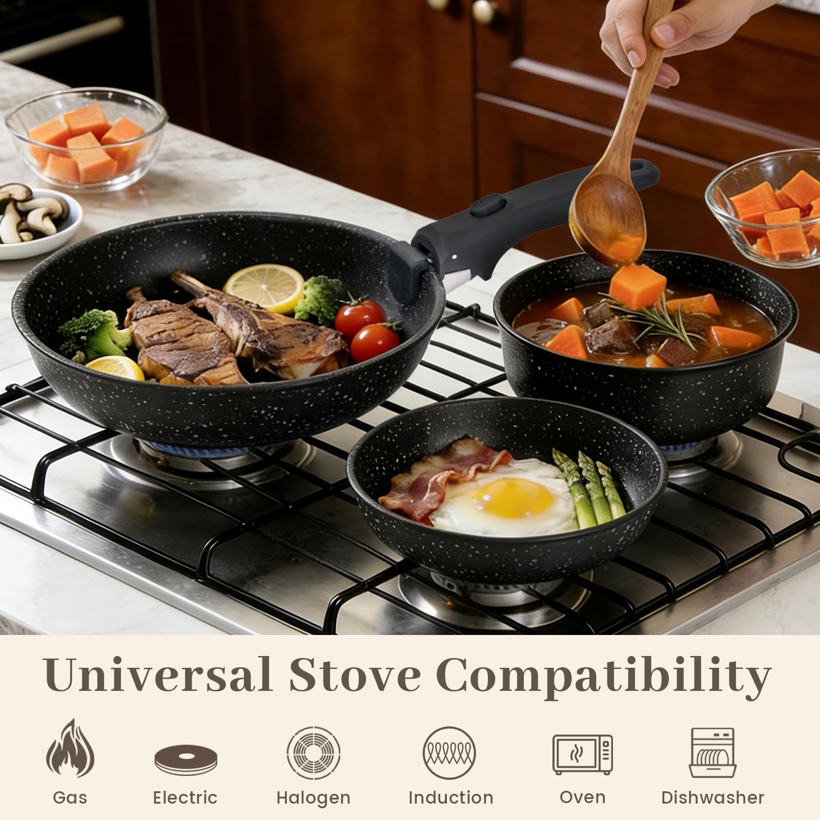 Juego de 10 Sartenes de Inducción – 21,3/25,8/29,5 cm Sartén Antiadherente con Mango Desmontable, Resistente al Horno y Apto para Todas las Placas – Sartén para Hogar y Camping
