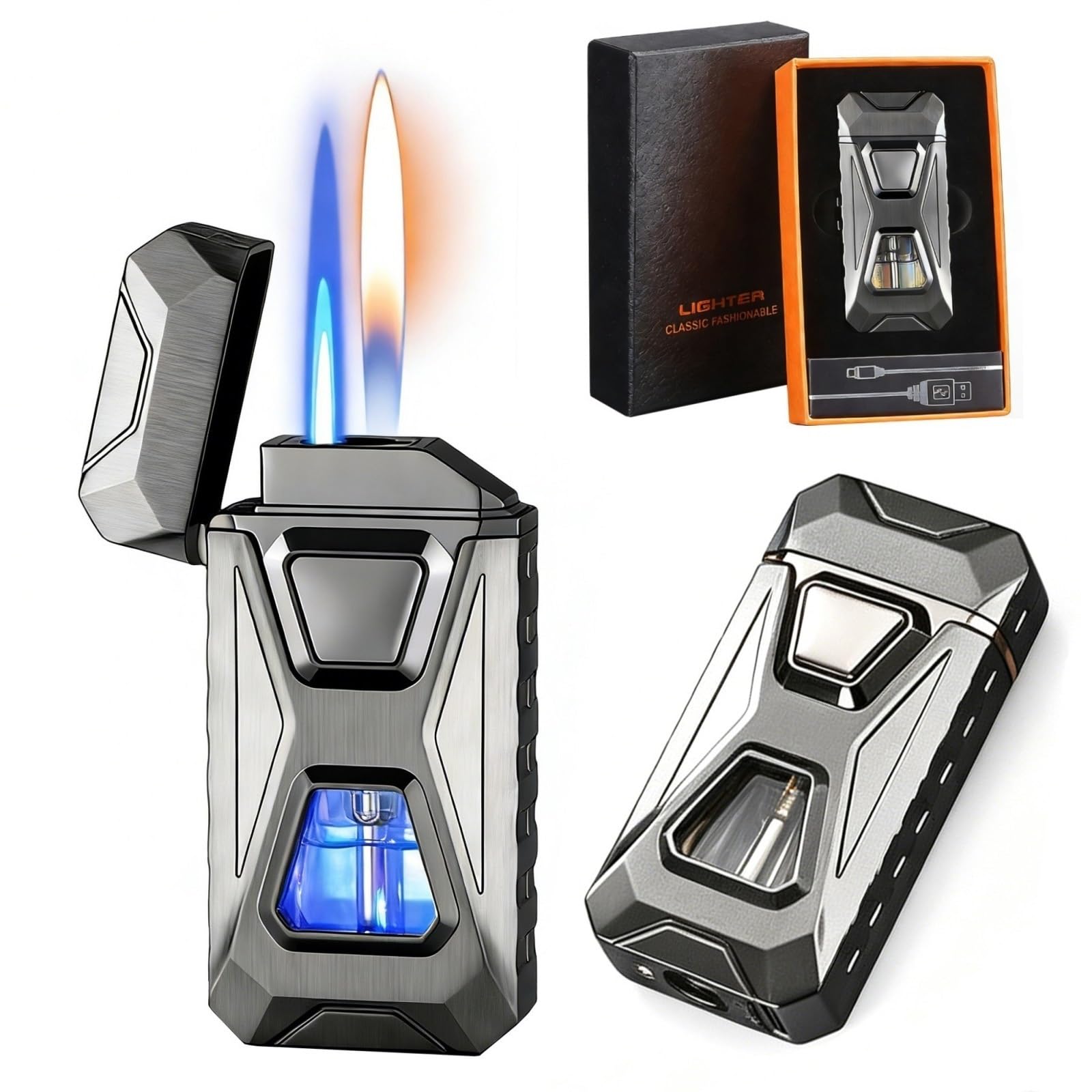 Voice-activated dual-flame lighter: Four ignition methods, switchable between open flame and blue flame, with a transparent window, butane filling, and windproof.(A)