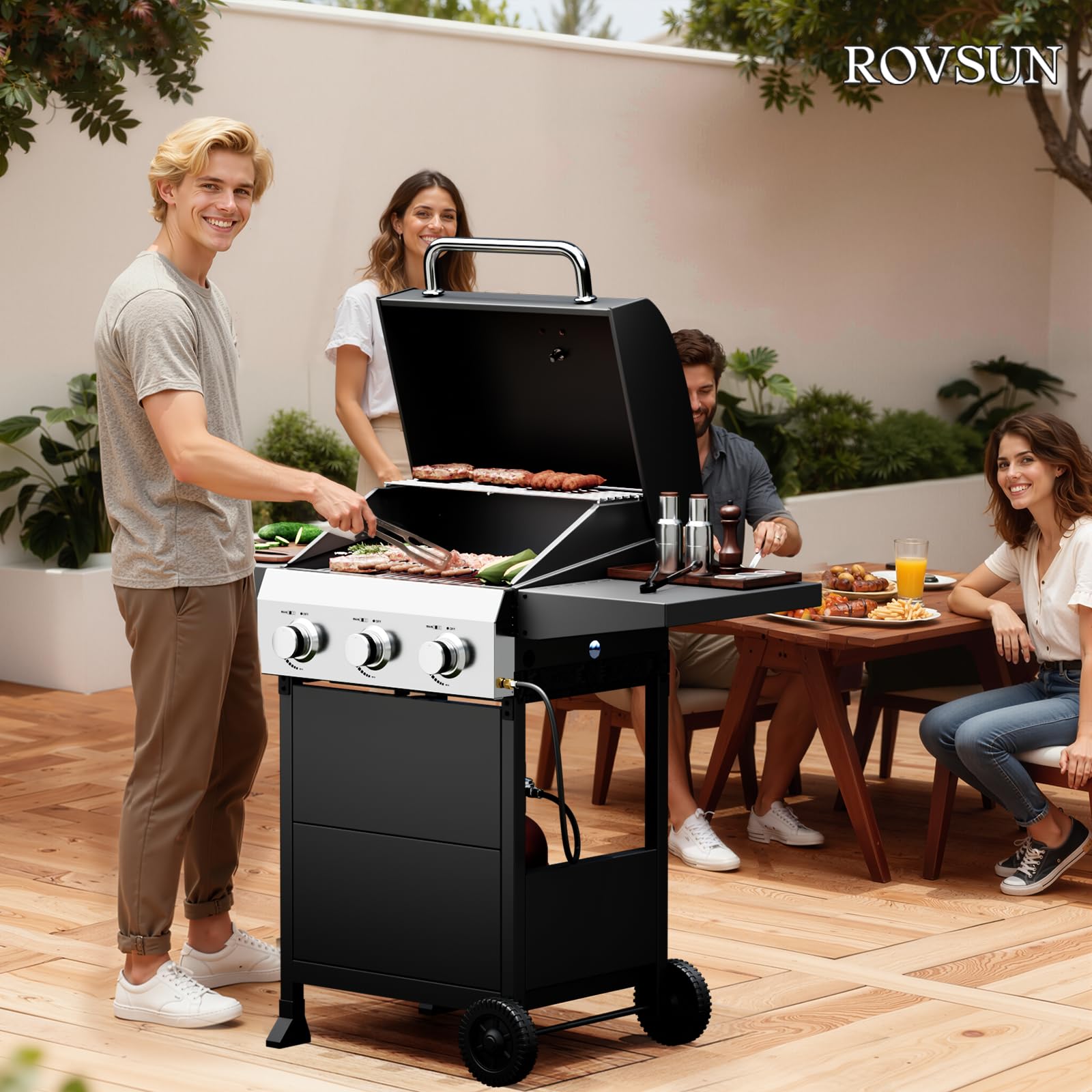ROVSUN 10,5 KW Gasgrill mit 3 Brennern Gas Grill Camping Mobil mit 432 Quadratzoll Grillfläche, Camping Gasgrill Deckel Klappbare Seitenablagen 117x40x140 cm