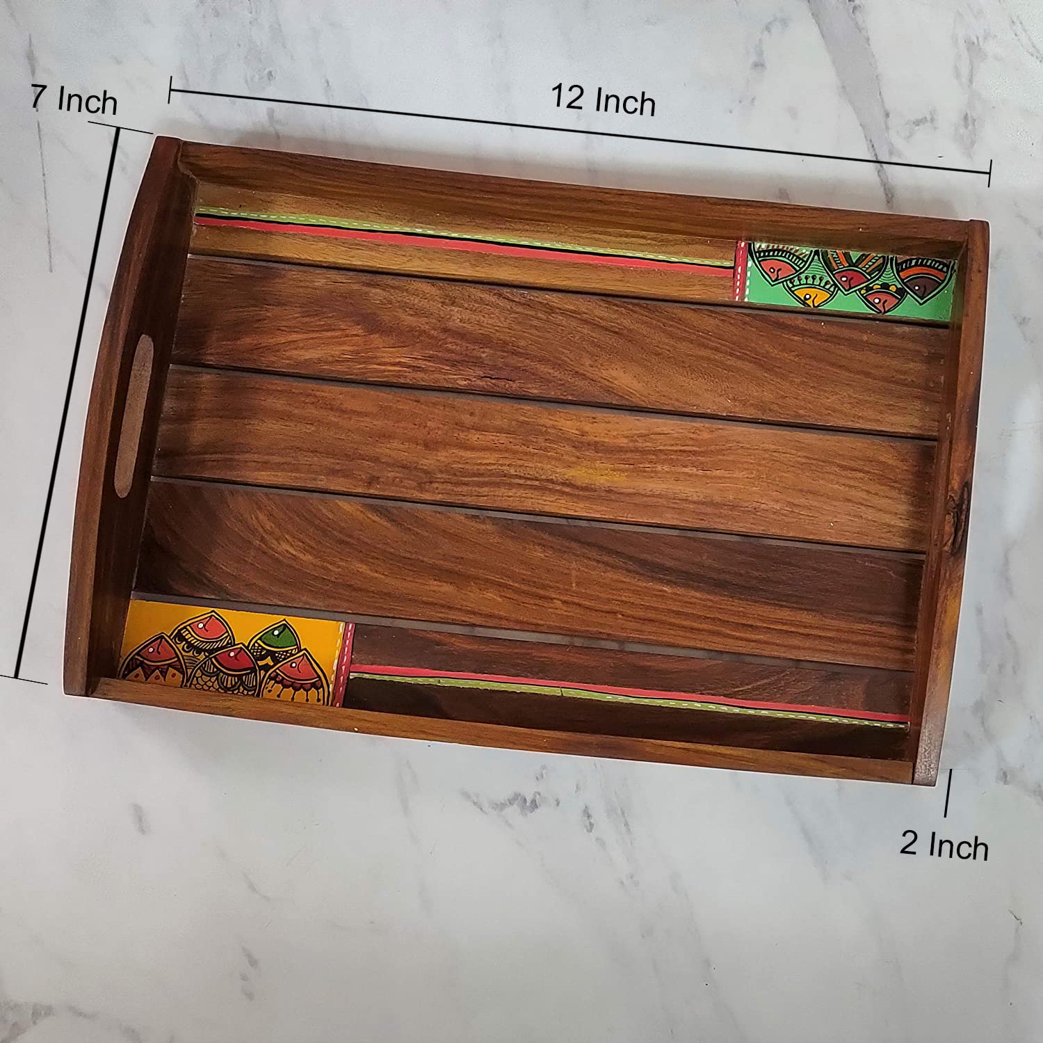 Artysta 'Madhubani Fishes' Wooden Serving Tray 2 for Snacks Tea Coffee | Premium Handcrafted Kitchen Organizer Trays Made with Sheesham Wood - Image 4 thumbnail