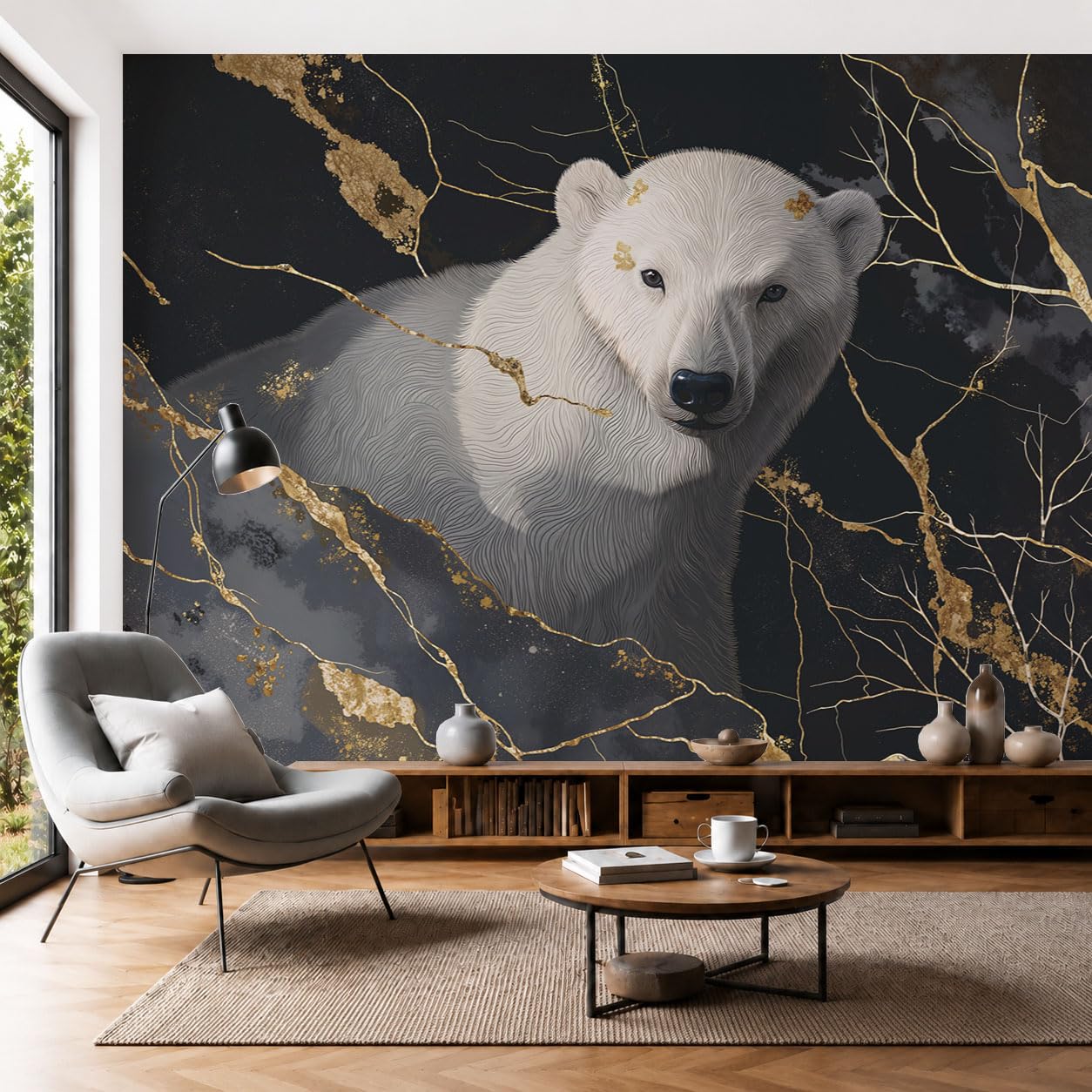 Carta Da Parati Fotografica Orso Polare 200x140cm Nero Decorazione Da Muro Poster Gigante Design Soggiorno Ufficio Camera Da Letto Effetto Marmo Lamina D'Oro