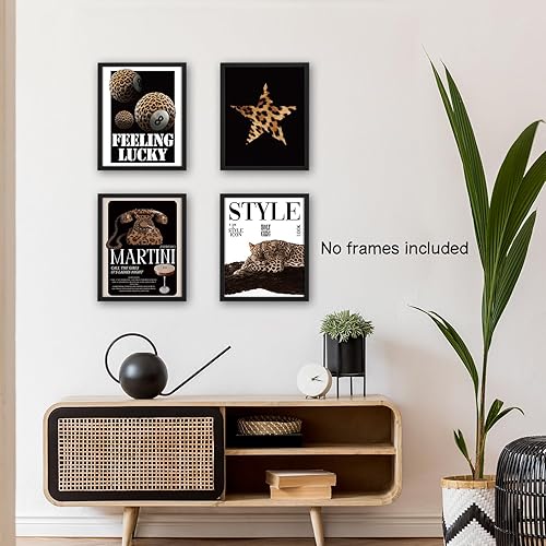 Miniatura 5 de NaZaUK Juego de 4 impresiones artísticas de pared de barra de leopardo retro Funky Retro Cheetah Star Lucky 8 Ball Martini arte de pared estético