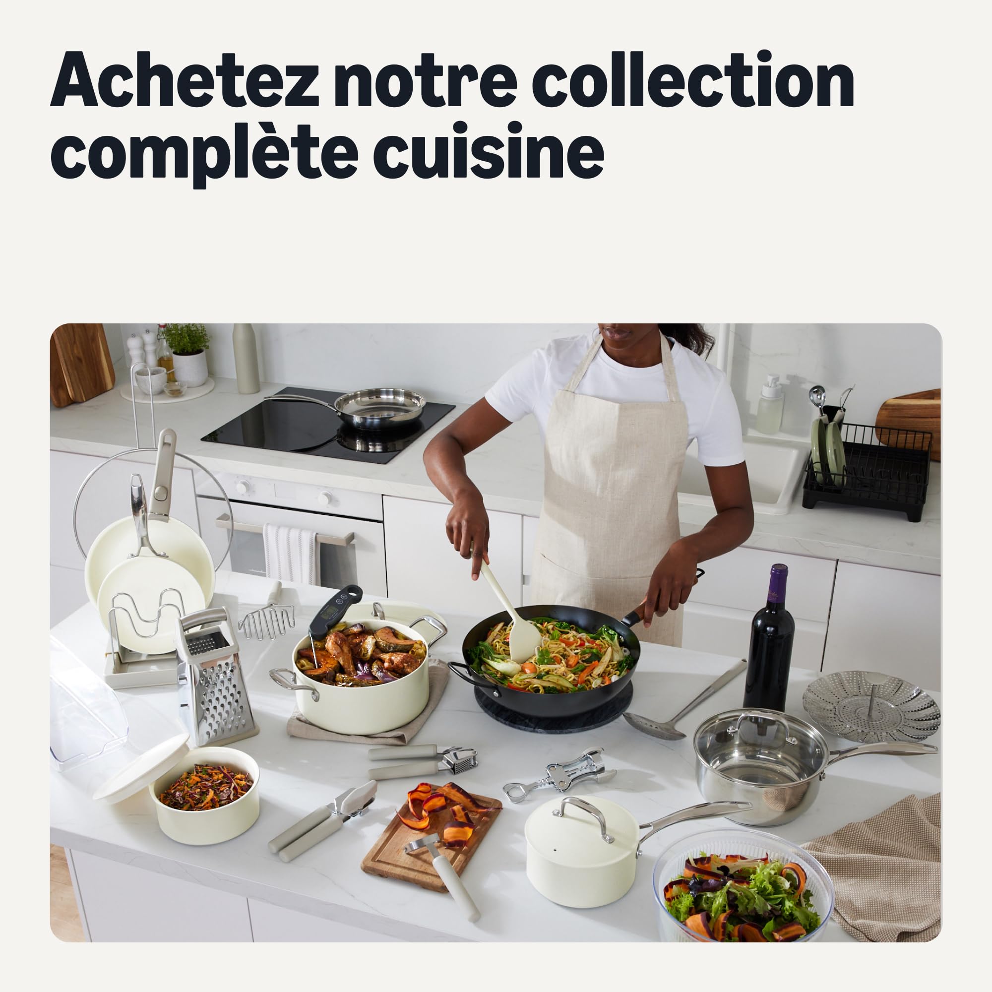 Amazon Basics Ustensiles de Cuisine Empilables Antiadhésifs en Céramique avec Poignées Amovibles, Lot de 11 Pièces, Compatible Tous Feux, Couleur Ivoire