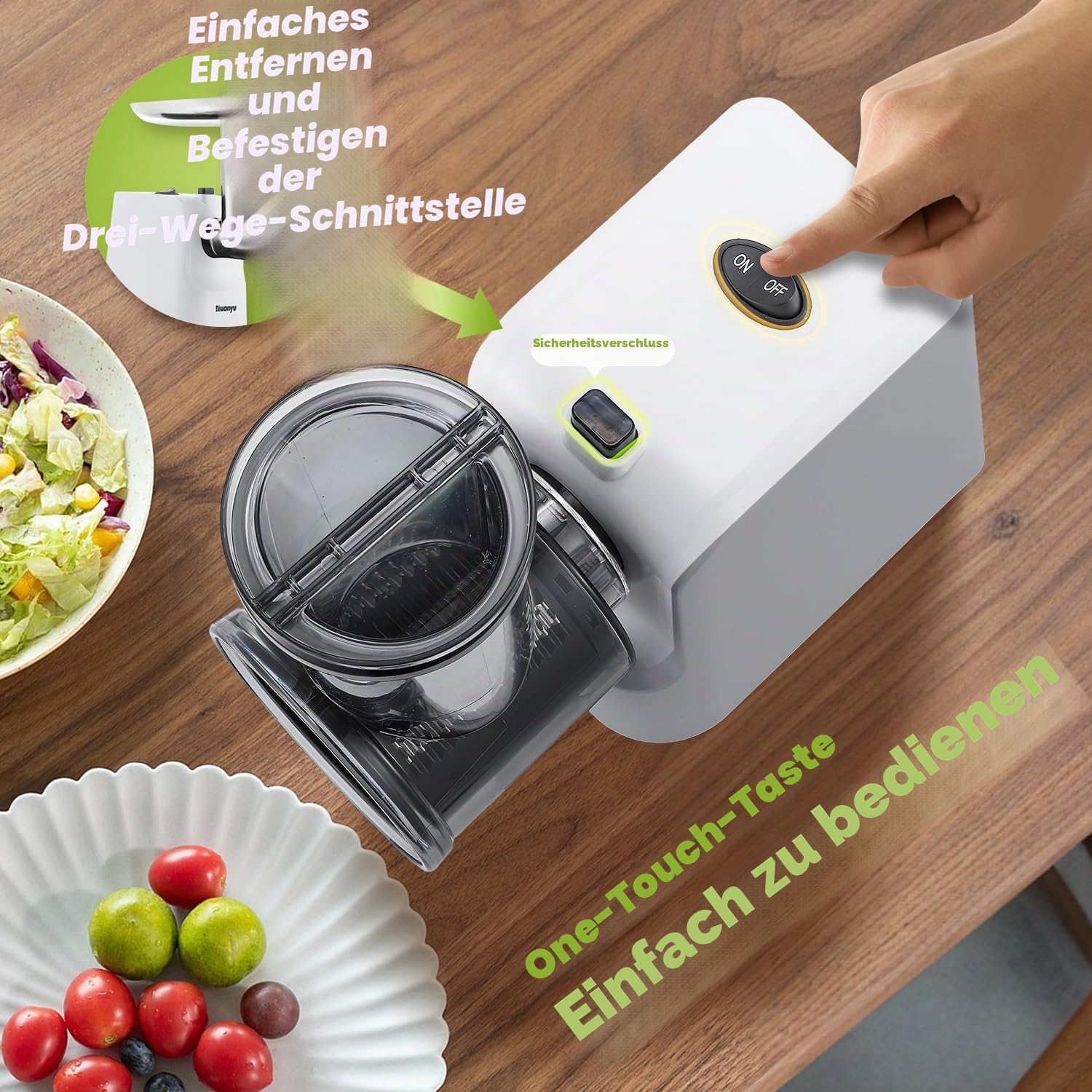 Huanyu Elektrische Käsereibe Multifunktionaler elektrischer Gemüseschneider mit 5 Klingen 250W Elektrischer Salatmacher und Fleischwolf Elektrische Reibe für Obst, Gemüse und Käse (Weiß)