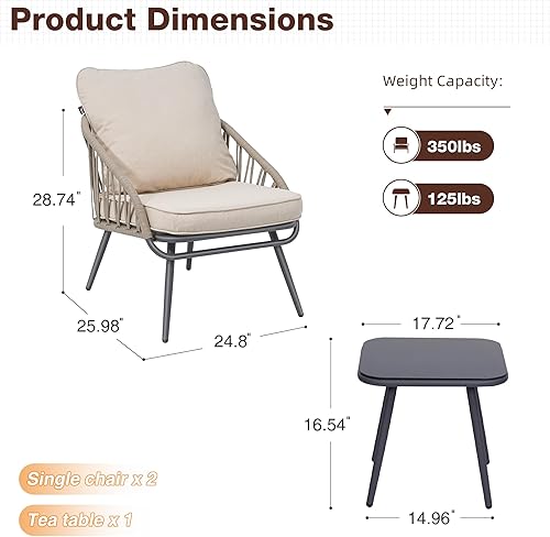 Miniatura 7 de Juego de 3 piezas de muebles de patio bistró, juego de muebles de balcón, sillas de cuerda tejida con cojines y mesa auxiliar, juego de 2 para