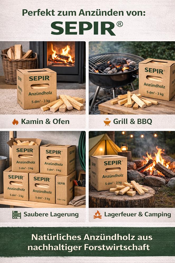 Kaminholz Anzündholz & Brennholz aus Kiefer und Fichte Kammergetrocknet 4 x 3 kg Karton 5dm³ - Feuerholz Anfeuerholz für Holzofen & Kamin