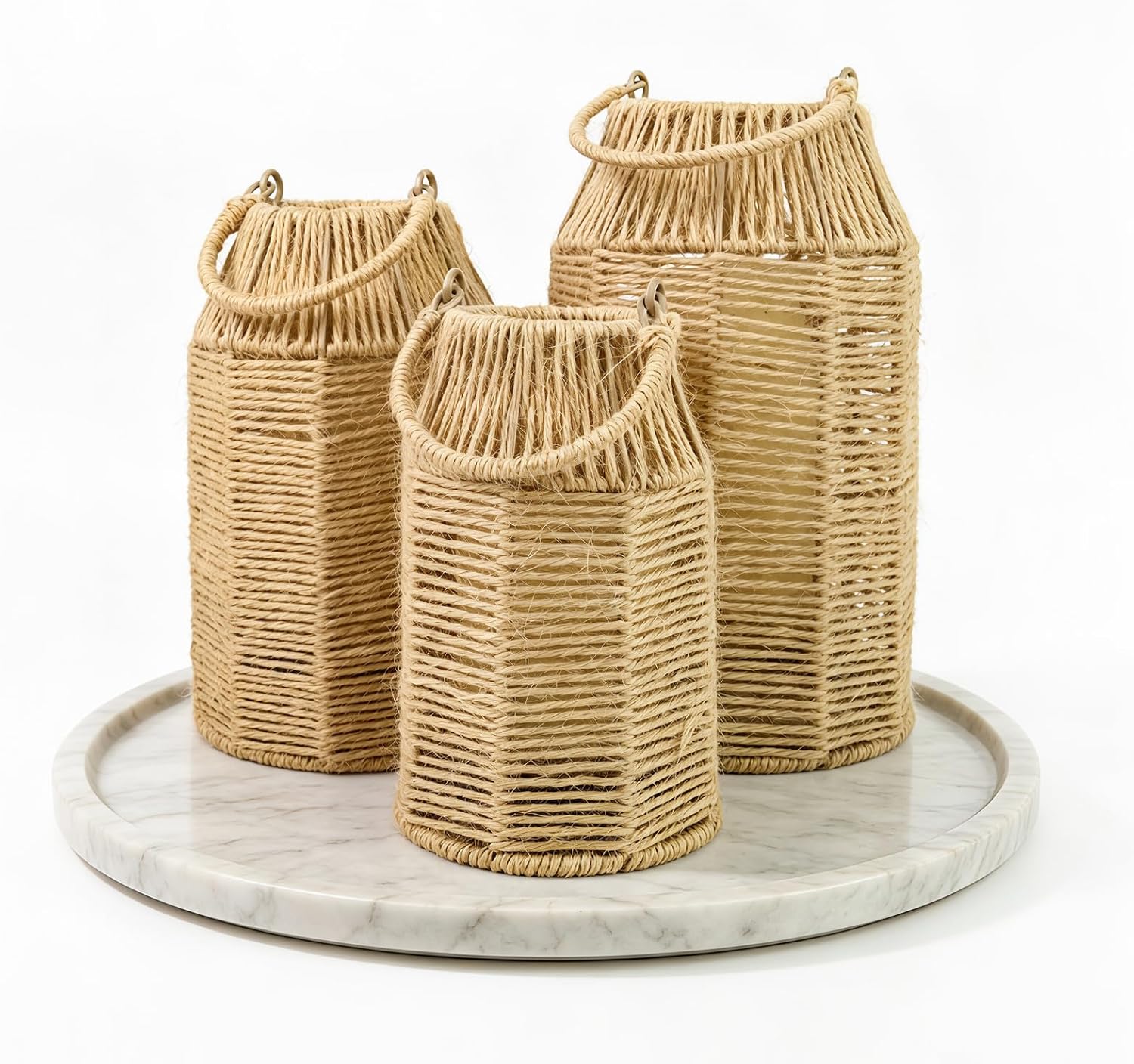 3 Pcs Natural Jute Boho Lanterns,Handcrafted Chic Home Decor