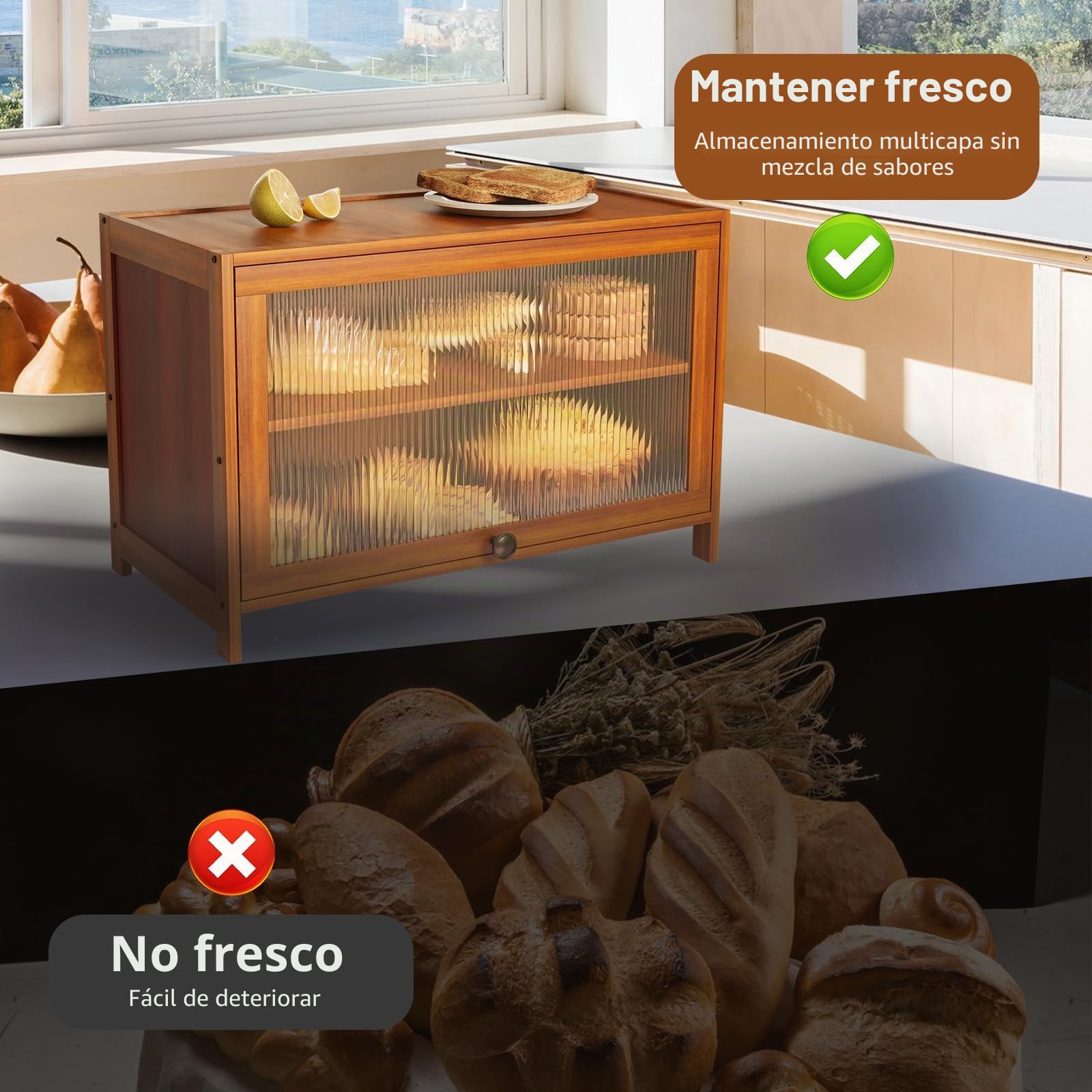 Panera de bambú, 2 niveles, 60 × 32 × 40 cm, caja de almacenamiento de pan con puerta de acrílico, para panes y panes