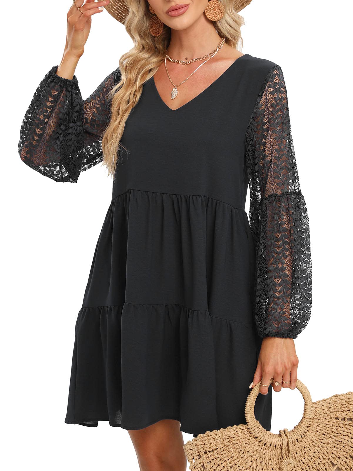 LATH.PIN Vestiti Donna Estivi Eleganti Maniche Lunghe Pizzo Vestito Donna con Tasca Scollo a V Sexy Vestito da Cerimonia Casual Abito da Spiaggia