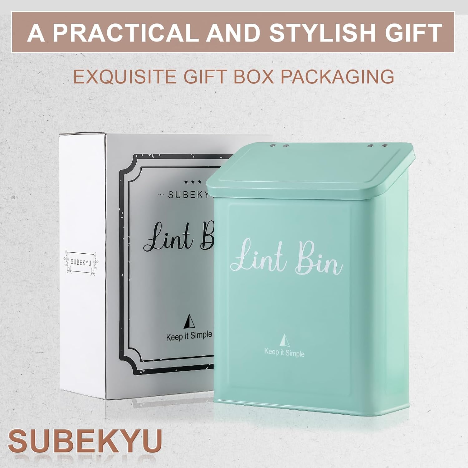 SUBEKYU Metal Magnetic Lint Bin for Laundry Room, Wall Mounted Lint Box Holder with Lid for Dryer, Light Green