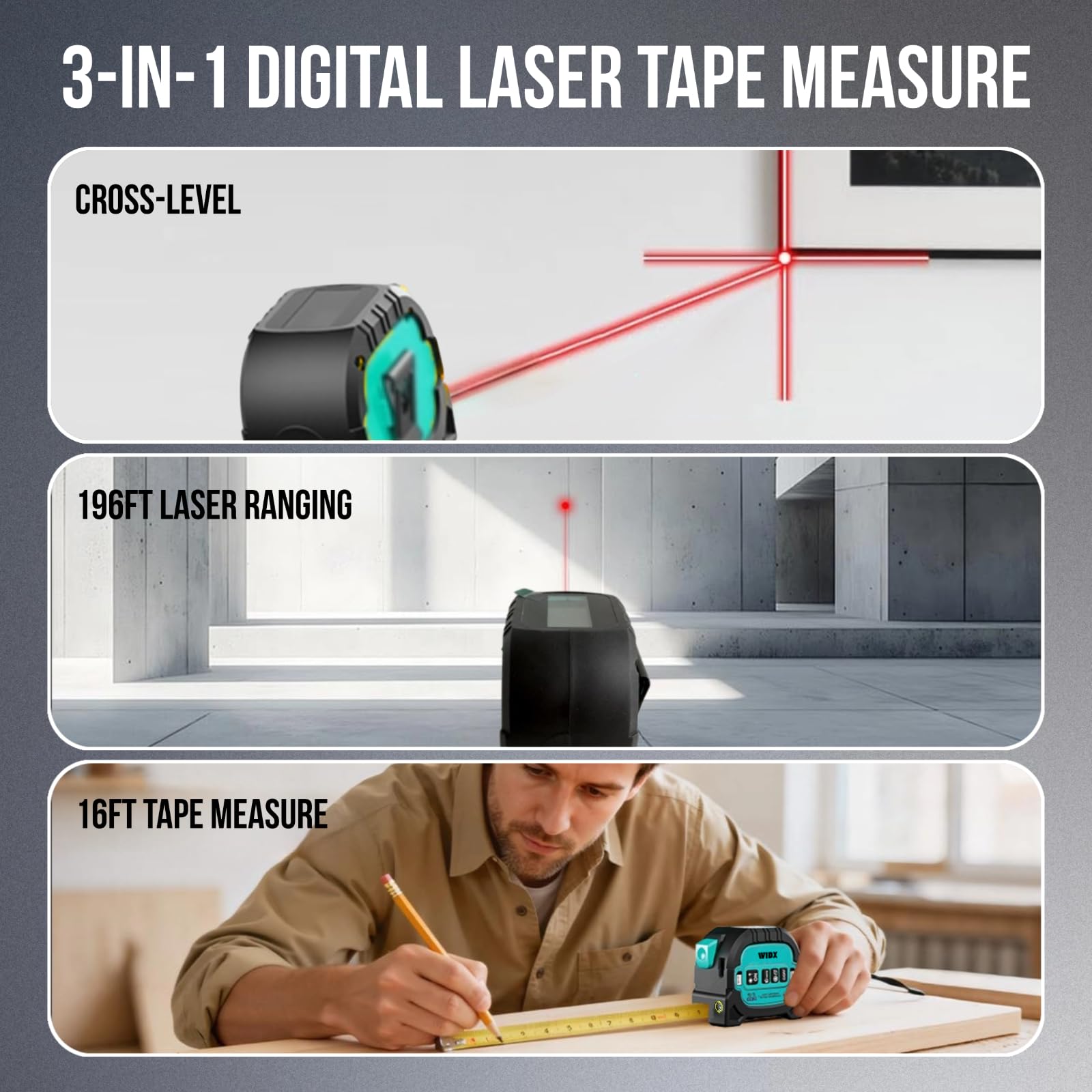 3 in 1 Laser Tape Measure,196ft Laser Range & 16ft Tape with Cross Line — Amazon image 2