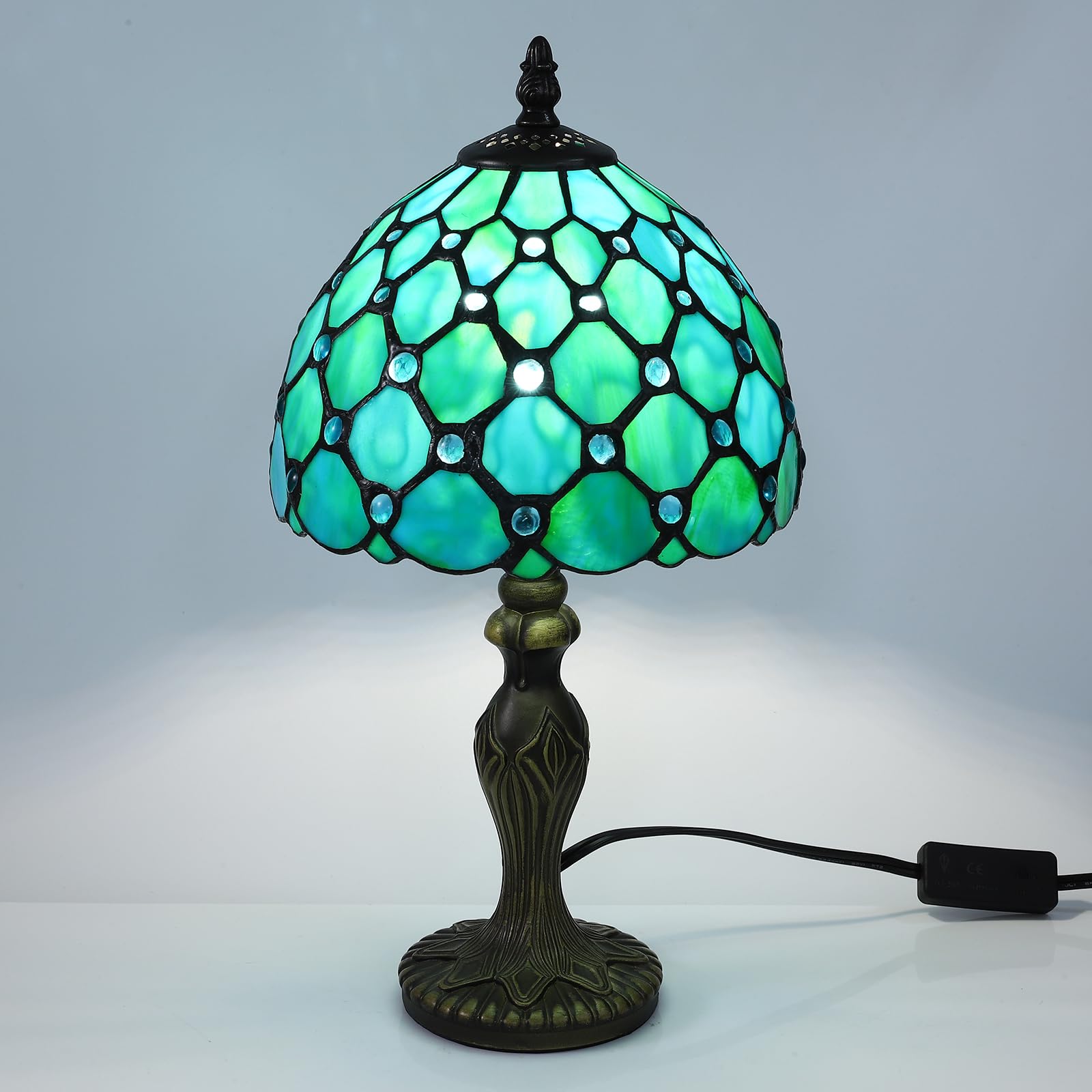 Tiffany Tischlampe, Retro Lampe, Kleine Vintage Nachttischlampe, Deko Tischleuchte, Blau Blumen Muster, Handcraft Bunte Glas Lampenschirm, Mit E27 LED Glühbirne, für Schlafzimmer Wohnzimmer Büro