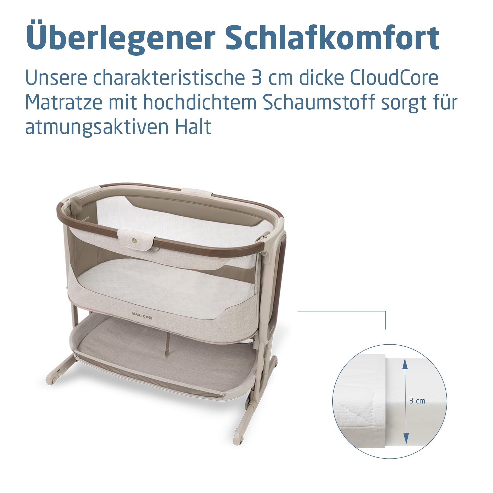 Maxi Cosi Iora Select Baby Stubenbett, 0–6 Monate (9 kg), Faltbares Beistellbett Schaukelnd/Schaukelbett, CloudCore-Matratze 3 cm, 5 Höhenstufen, 4 Leichtgängige Rollen, Easy Slide, Elegance Truffle