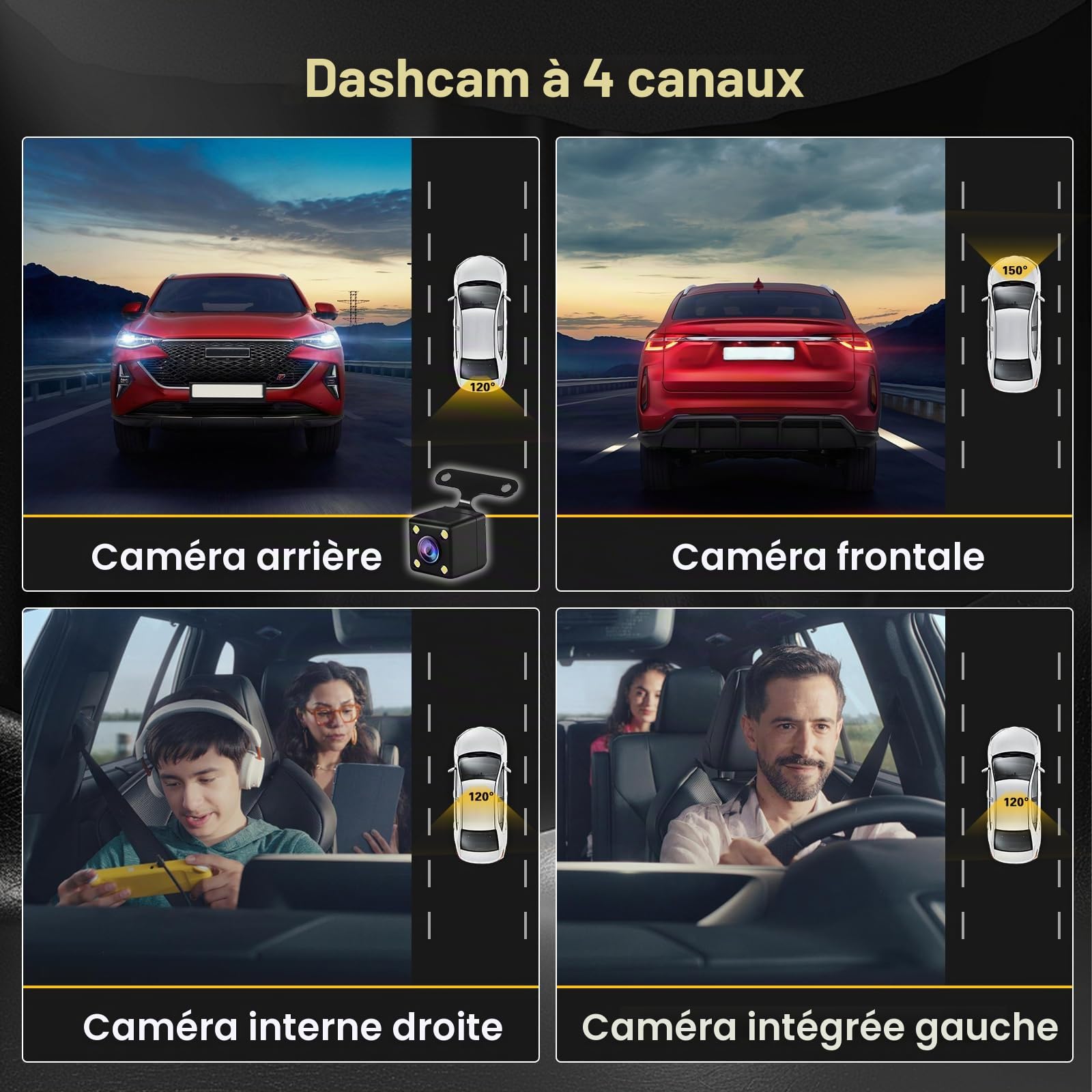 Inefala Full HD 1080P Dash Cam avec caméra de Voiture 360° à Quatre canaux, 2,4 Pouces Screen avec 64GB Memory et 8 IR Night Vision, Travel Recorder et G-Sensor et Parking Monitor