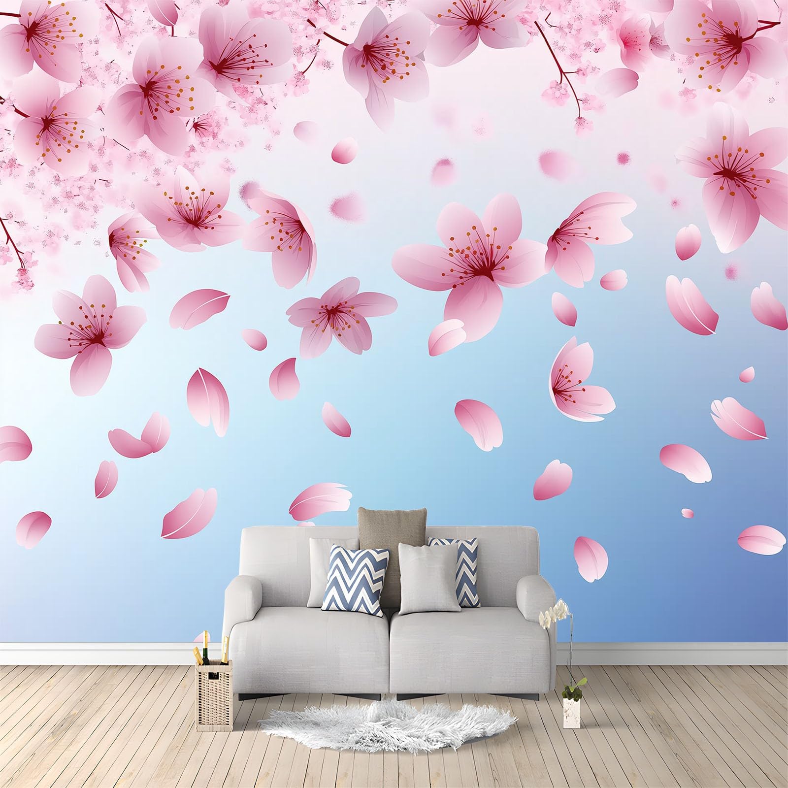 3D Botanical Photography Cherry Blossoms Photo Wallpaper Mural Blue Non-Woven Wall Murals Decoration Poster for Living Room, Bedroom 250 x 175 cm Art Photo Wallpaper 3D Effect