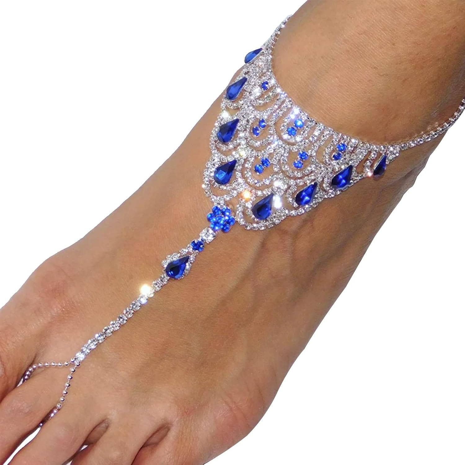 1Pair Beach Rhinestone Barefoot Sandals Anklet with Toe