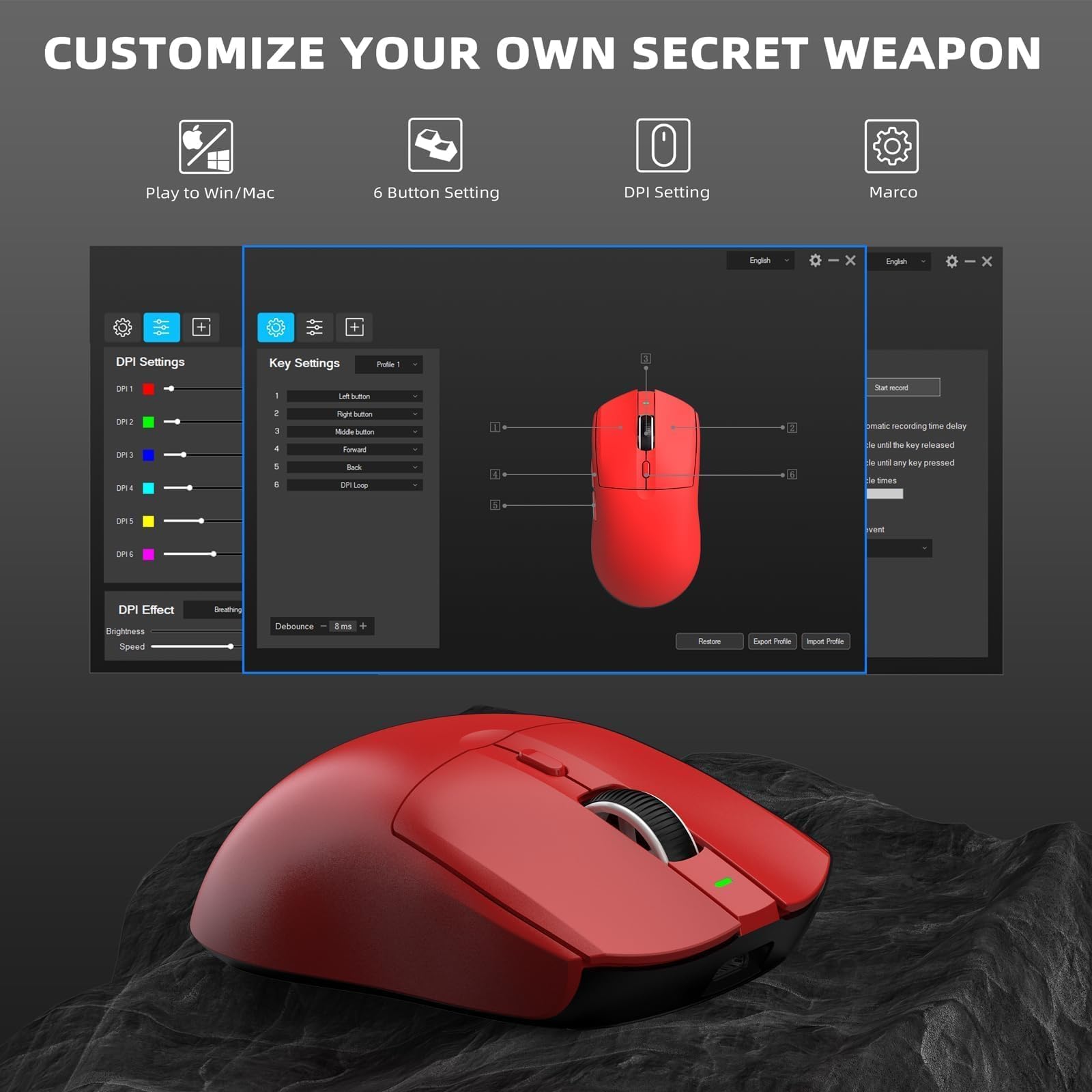 AJ139 PRO Mouse da Gioco Wireless, Mouse Leggero 59g, Sensore Ottico PixArt PAW3395, 26K DPI, Modalità Duale 2.4G / Cablato, Batteria 200 Ore, 6 Pulsanti Programmabili, per Win/Mac - Rosso