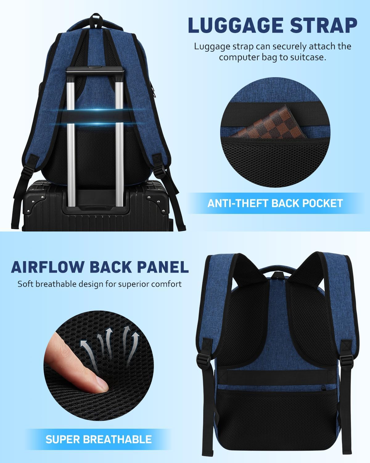 Laptop Backpack for Women & Men,Business Anti Theft Slim Computer Bag with USB Charging Port,Water Resistant College Computer Bag for Teens Boys Fits 17.3 Inch Laptop and Notebook, Blue