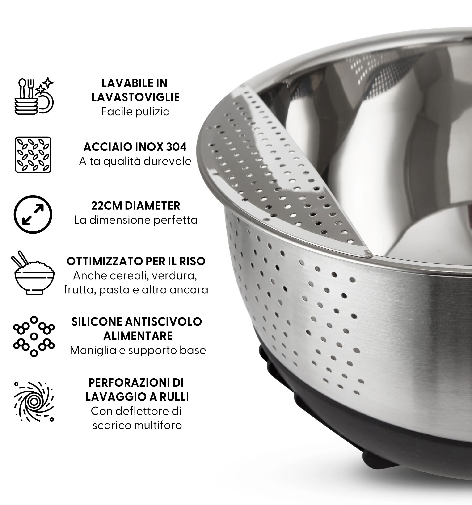 Yum Asia Ciotola per il lavaggio del riso in acciaio inossidabile 304 (22 cm) con base e manico in silicone