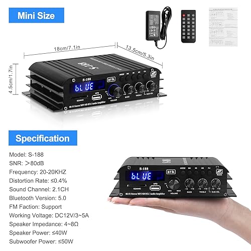 Miniatura 7 de Amplificador de potencia de audio Bluetooth S188 2.1CH 40Wx2+50W Salida Hi-Fi Amplificador de subwoofer integrado Mini receptor estéreo con USB,