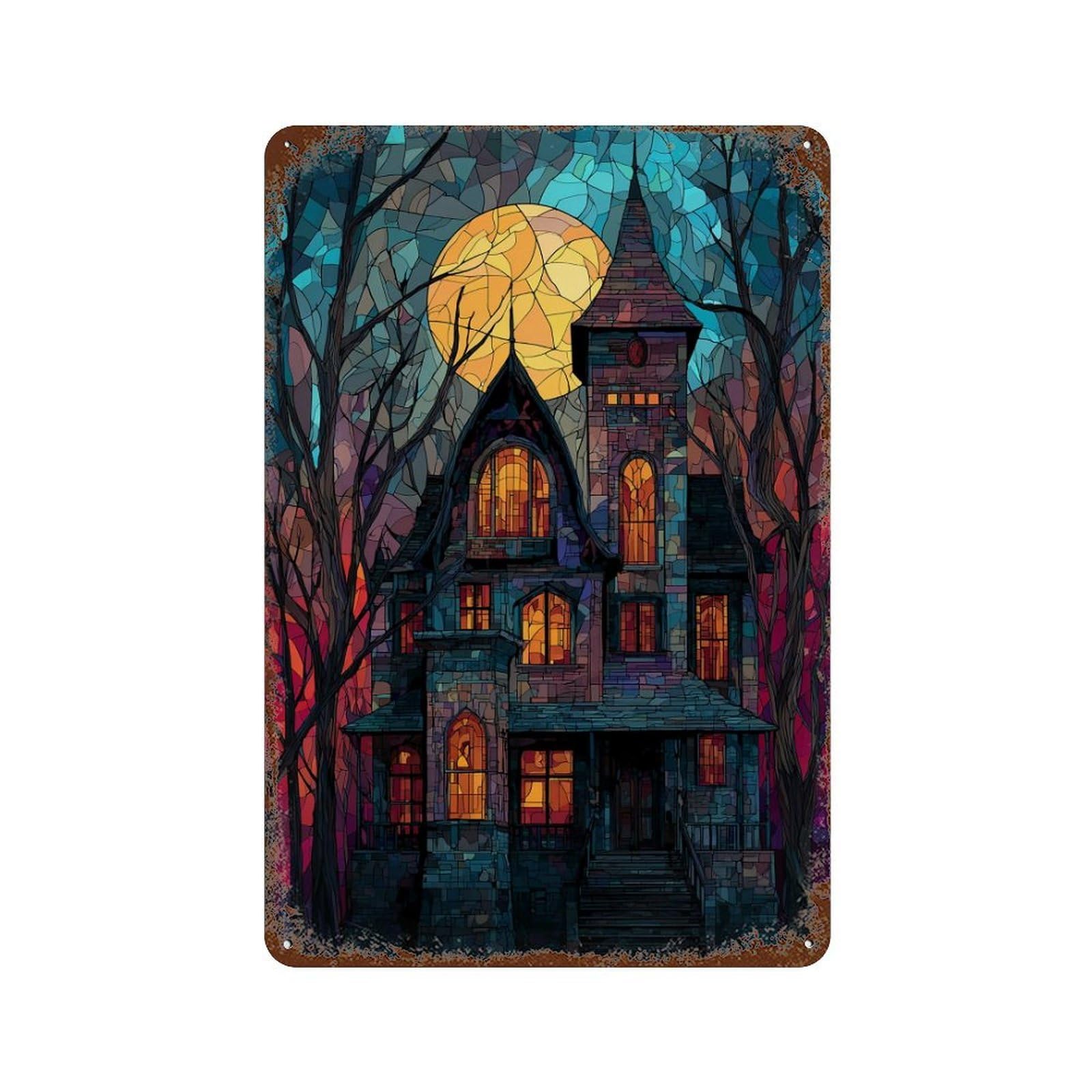 Rust Effect Haunting Moonlit Mansion Rusty Metal Tin Sign 11.8"x7.9", Industrial Home Decor for Living Room, Hallway And Home Decor