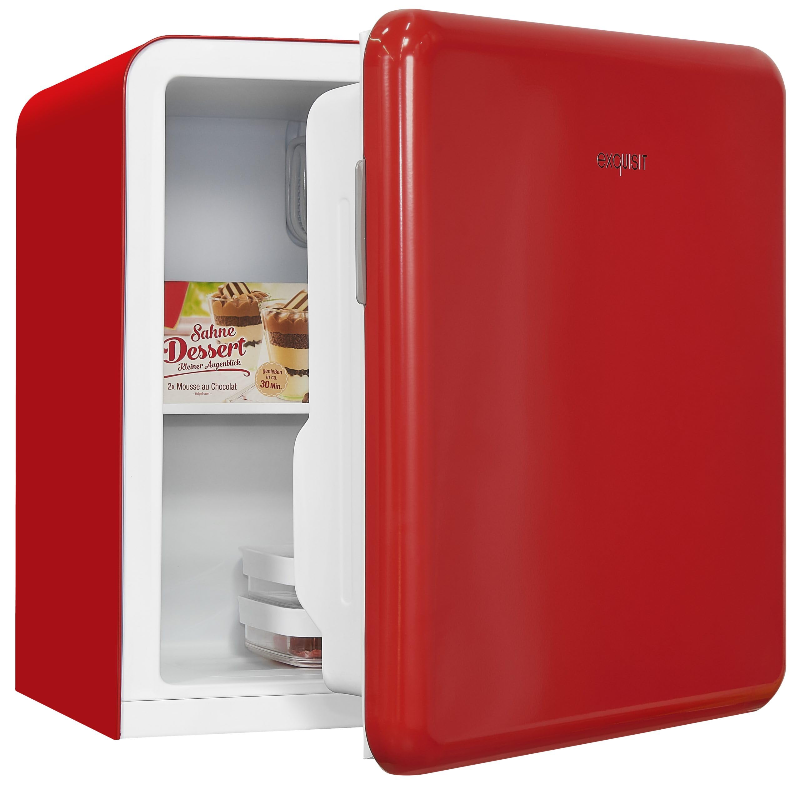 Exquisit® Frigorífico Mini, 47L, Clase F, Color Rojo, Estante de Cristal, Puerta Reversible, Tirador Integrado, Zona Congeladora para Hielo, Consumo 100 kWh/año, Medidas 50x48,5x44 Cm.