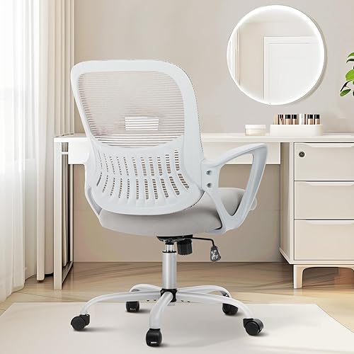 Sweetcrispy Silla ergonómica de escritorio de malla con respaldo medio con ruedas, soporte lumbar y cómodos reposabrazos para el hogar, dormitorio,
