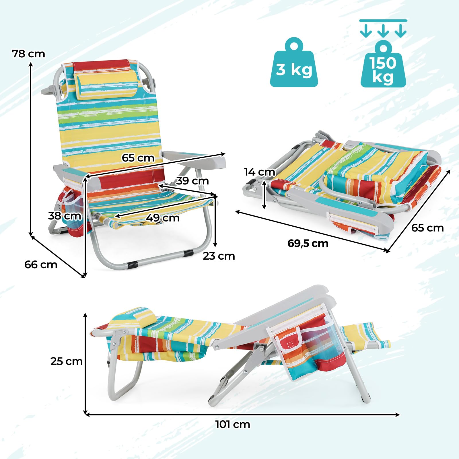 COSTWAY Strandstühle klappbar leicht, 2er Set, Campingstühle mit Verstellbarer Rückenlehne, Kopfstütze, Seitentaschen, Schultergurten, Handtuchhalter & Armlehnen, Klappstühle, Outdoor-Stühle, Bunt