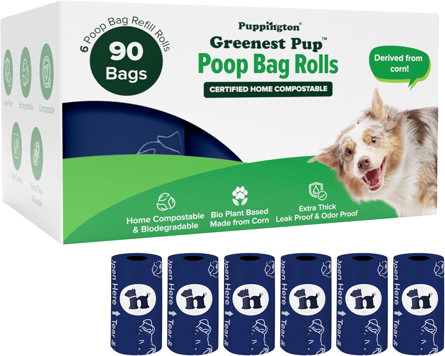 Puppington Certified Home Compostable Poop Bags - ASTM D6400 Compliant - 270 Extra Thick Bags - Plant Based - Pairs with Puppington 3-in-1 Bag & Fits all Standard Poop Bag Dispensers (Onyx Black)
