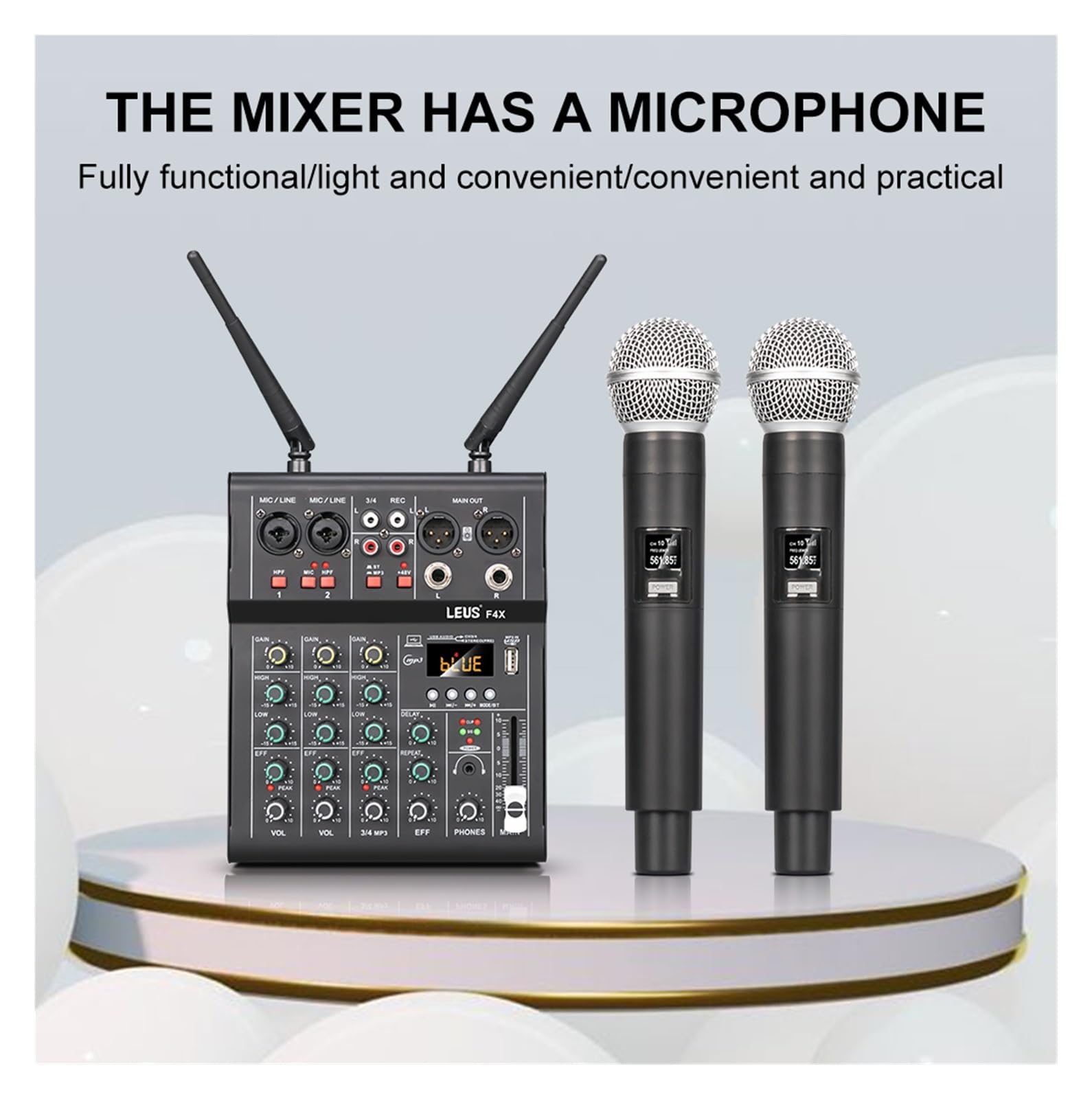 Mixer per DJ, F4X Mixer a 4 canali con Doppio Microfono Wireless UHF Console DJ Mixaggio for la Registrazione in Studio di PC for Feste