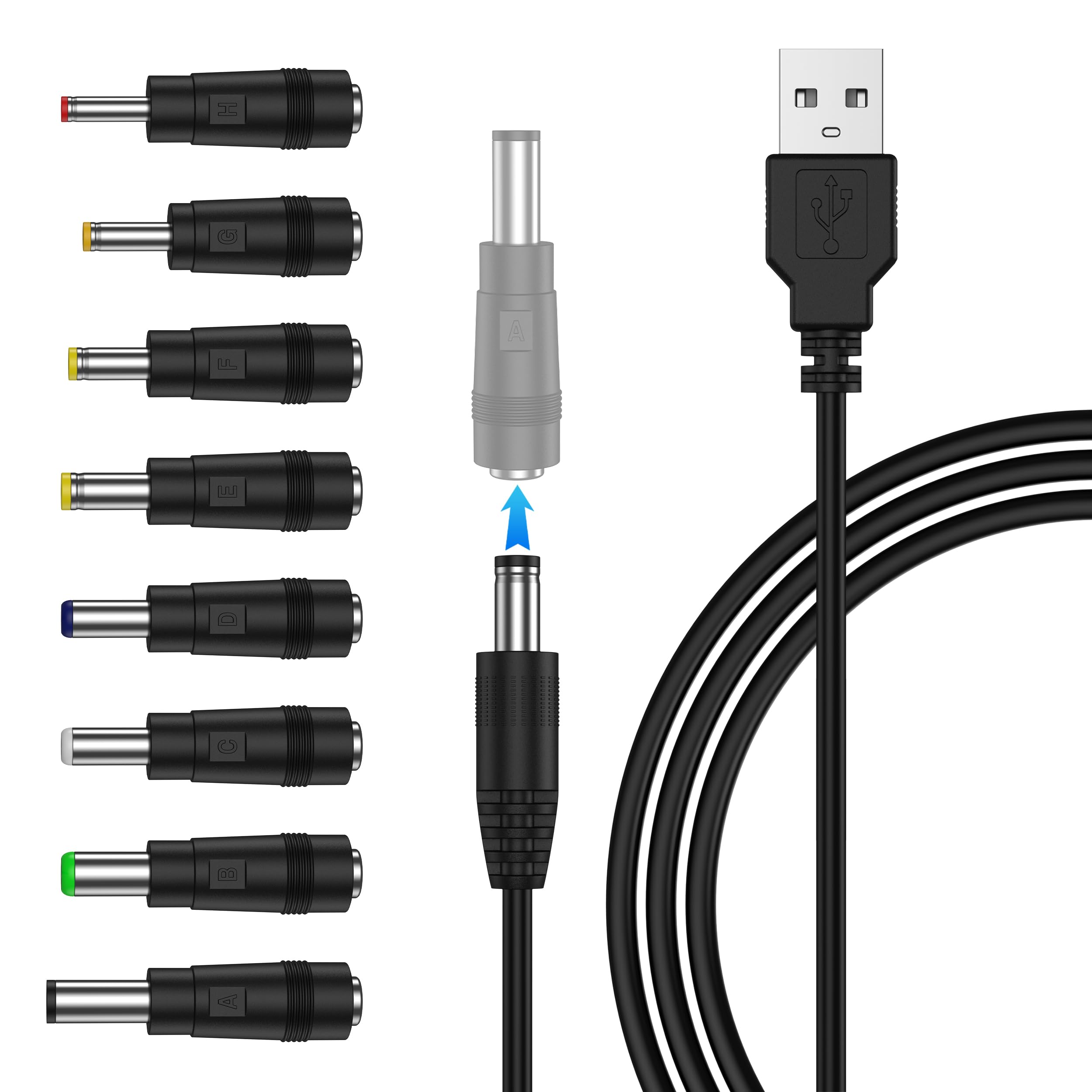 Mugust Kabel USB na DC, 8 w 1, USB A na wtyczkę drążoną, uniwersalny kabel do ładowania, kabel zasilający, kabel adaptera z 8 wtyczkami do routera, golarki, TV Box, Philips Hue Hub (5 V)