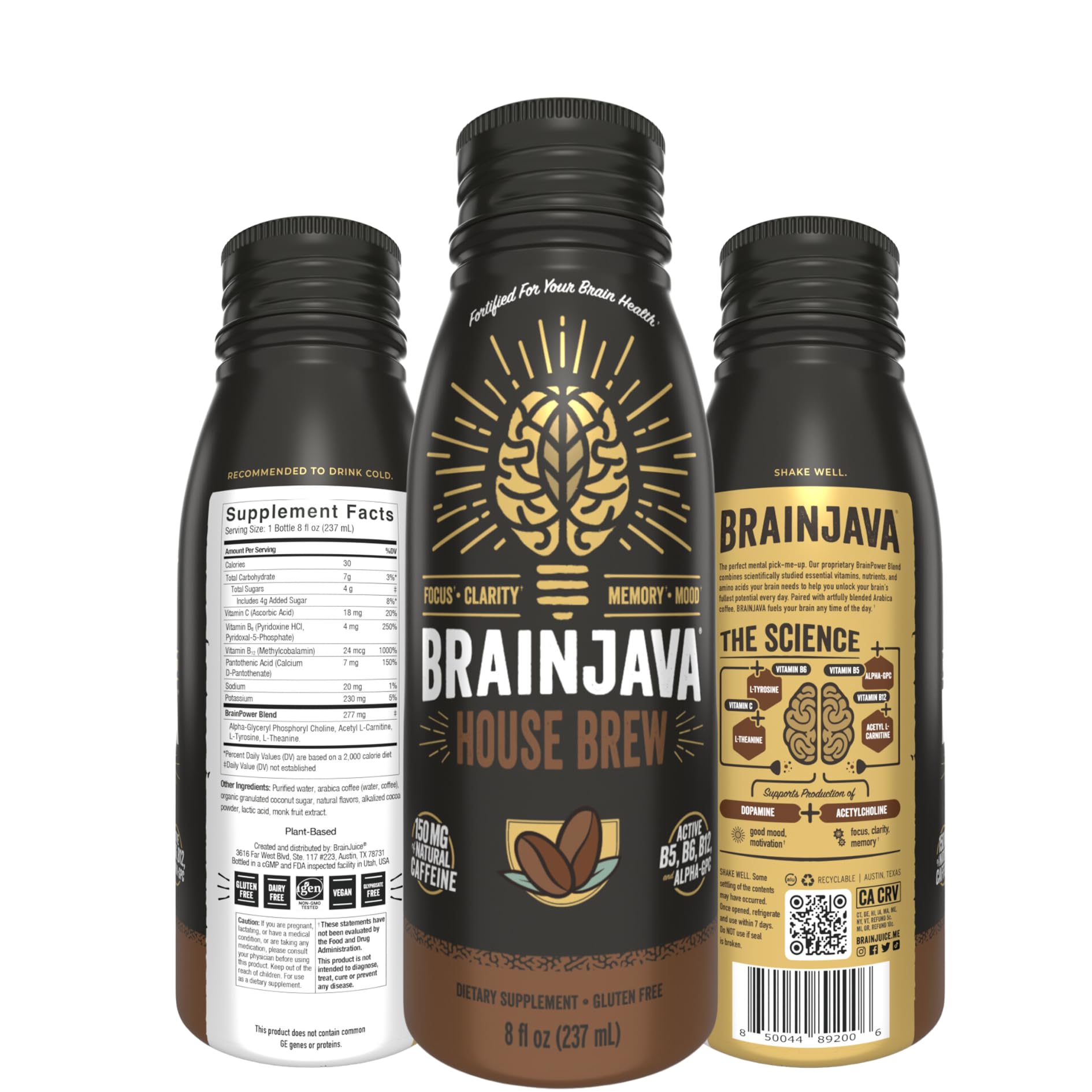 BrainJavaHouse Brew Ready To Drink Coffee, 4 Pack, Black Fair Trade Arabica Coffee with 150mg Caffeine, L-Theanine, Potassium, B Vitamins, For Focus, Clarity, Gluten Free, Vegan, 8 fl oz Bottles