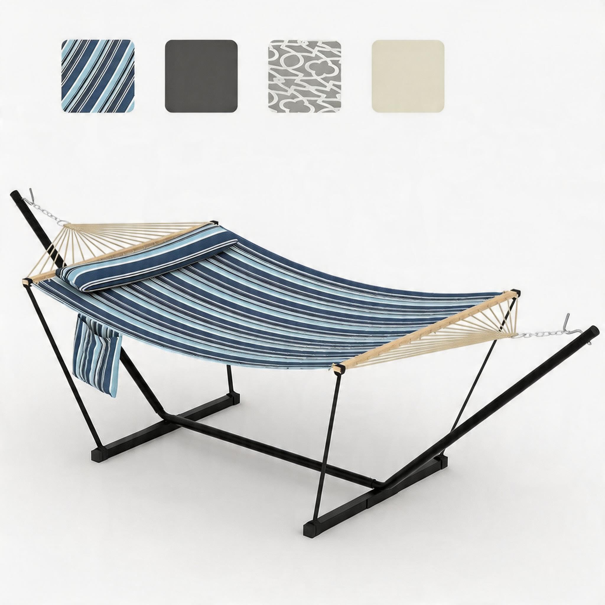Amaca doppia con supporto in acciaio regolabile - Portatile, resistente, per 2 persone - Barra in legno, cuscino removibile - Ideale per giardino, terrazza, patio, spiaggia - Blu a righe,