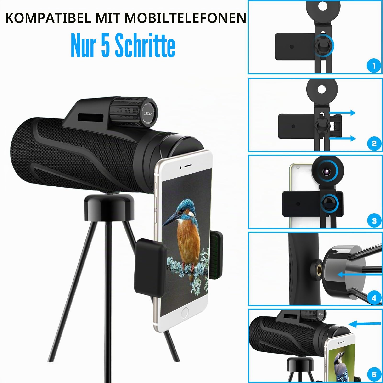 12x42 Zoom Fernrohr monokular, Mono fernglas Erwachsene, mit Smartphone Halter Stativ,für Wildtiere Vogelbeobachtung Wandern Jagd Camping,Ideal für Naturbeobachter (Schwarz)