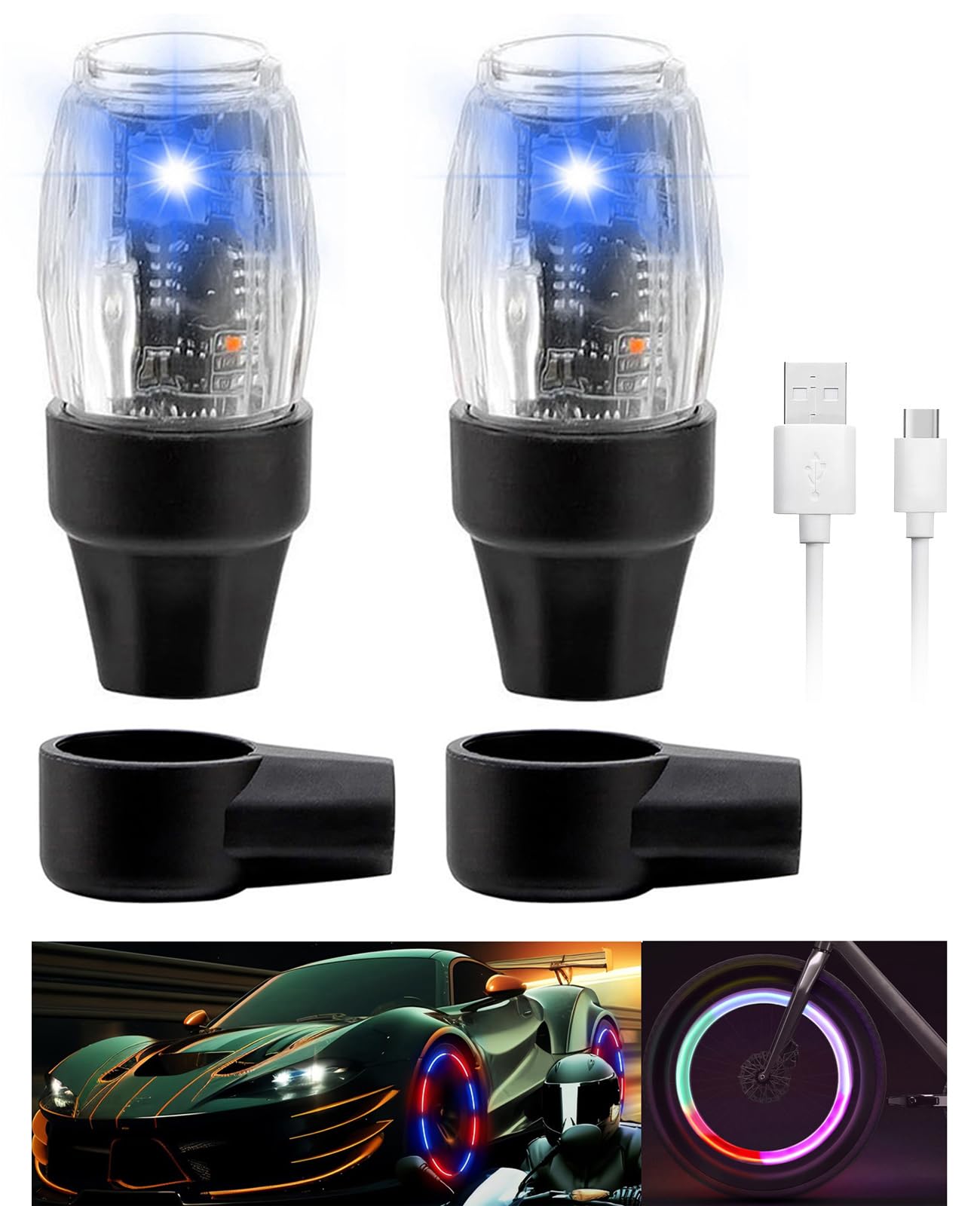 2 PCS Tire Valve Light Colorful LED Car Wheel Lights Waterproof Flash Lantern Tire Valve Stem Cap Lamp Automotive Decoration Accessories for SUV Truck Motorcycle Bike Bicycle (2 Blue)