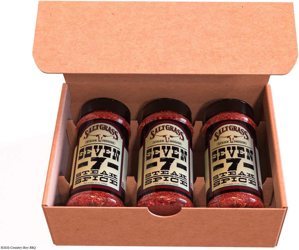 Saltgrass Seven -7-Steak Spice (Value Pack of 3) 12oz Containers. Season & Spice up all your favorite meats and dishes. Tamper Evident Sealed for Freshness & Quality. Shipped as shown gift wrap ready.