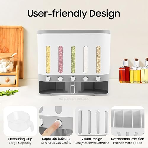 Miniatura 4 de Dispensador de arroz con taza, dispensador de alimentos secos de 5 rejillas montado en la pared, cubo de arroz, contenedor de almacenamiento de