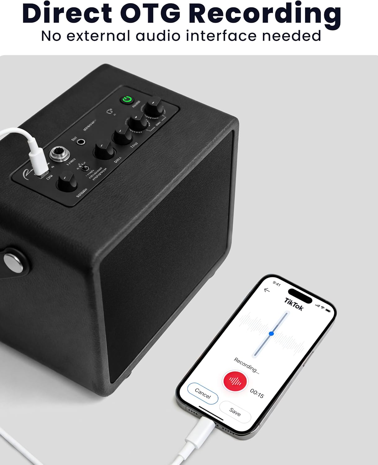 Ranch Electric Guitar Amplifier with OTG Recording, Portable Rechargeable Guitar Amp with Wireless Sync & Headphone Output, 3-Channel Desktop Speaker for Practice & Travel, Classic Black