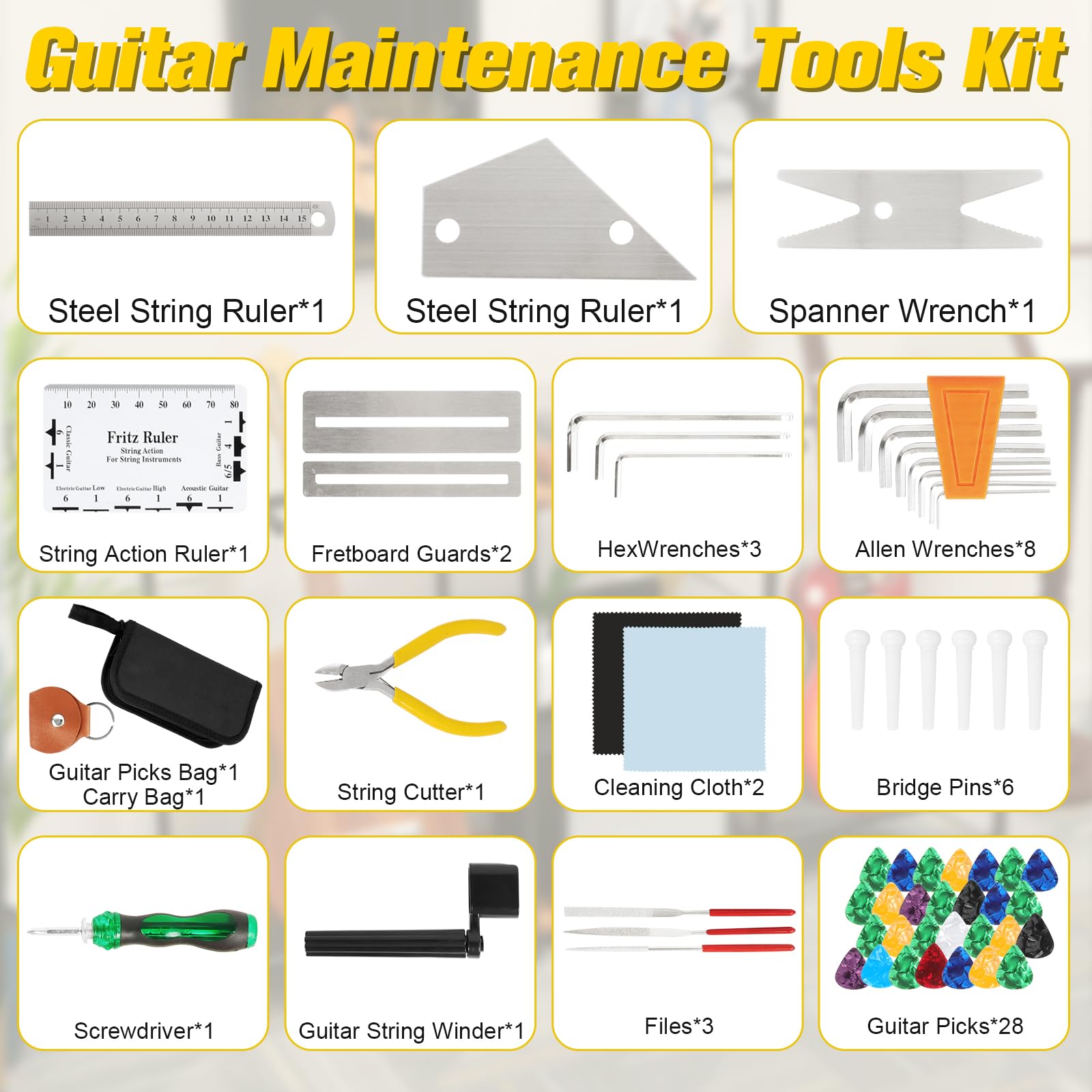 PopuLike 61Pcs Guitar Maintenance Kit with Picks, Guitar Accessories for Acoustic Electric, Bass Guitars - Image 2