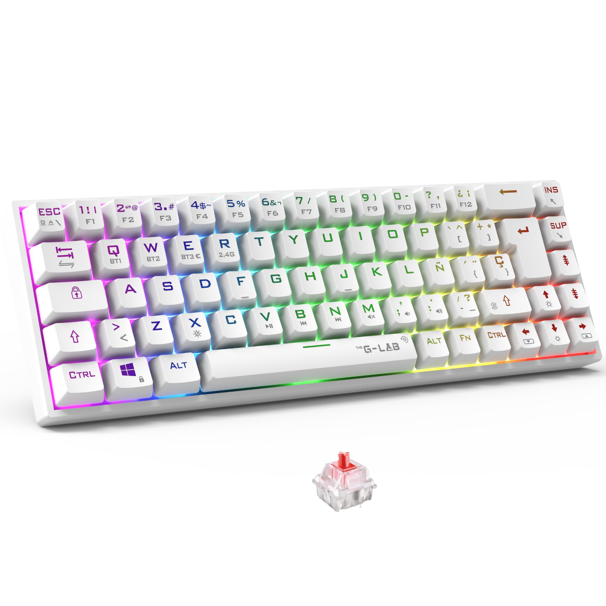 The G-Lab - Keyz Titanium WL - Teclado mecanico inalámbrico 65% QWERTY con Ñ - Teclado Gaming inalámbrico Switch Rojo, RGB 100% Personalizable, Macros programables - PC, PS4, PS5, Xbox – Blanco