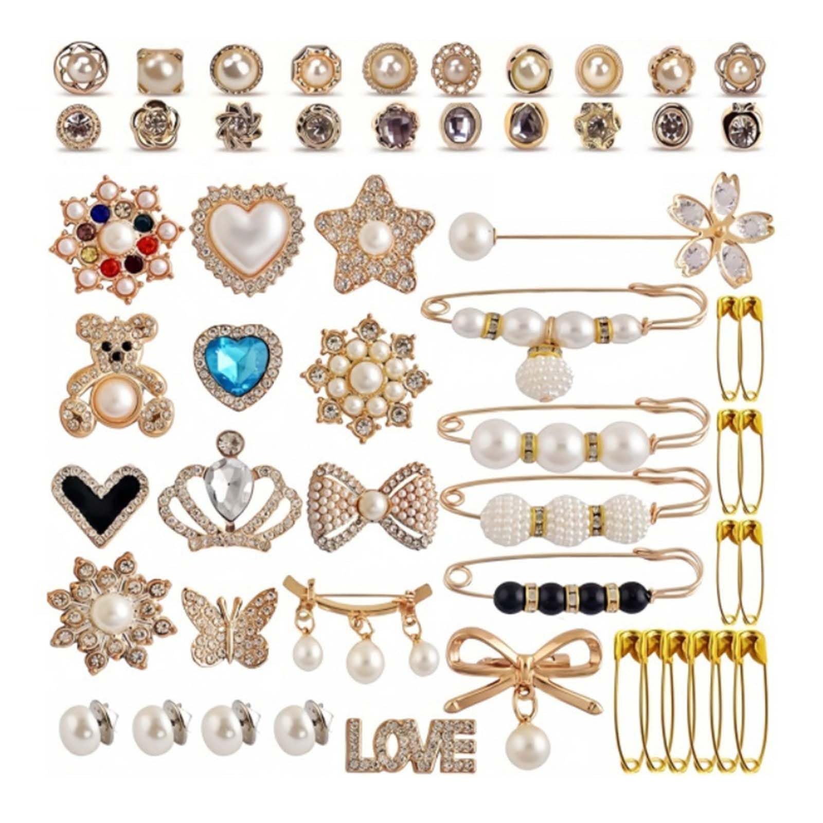 Bflky 55Pcs Brooch Pins Artificial Pearls Rhinestones Safe Pins Charm For Sock Sweater Shawl Clip Pants Waist Tightener Pin