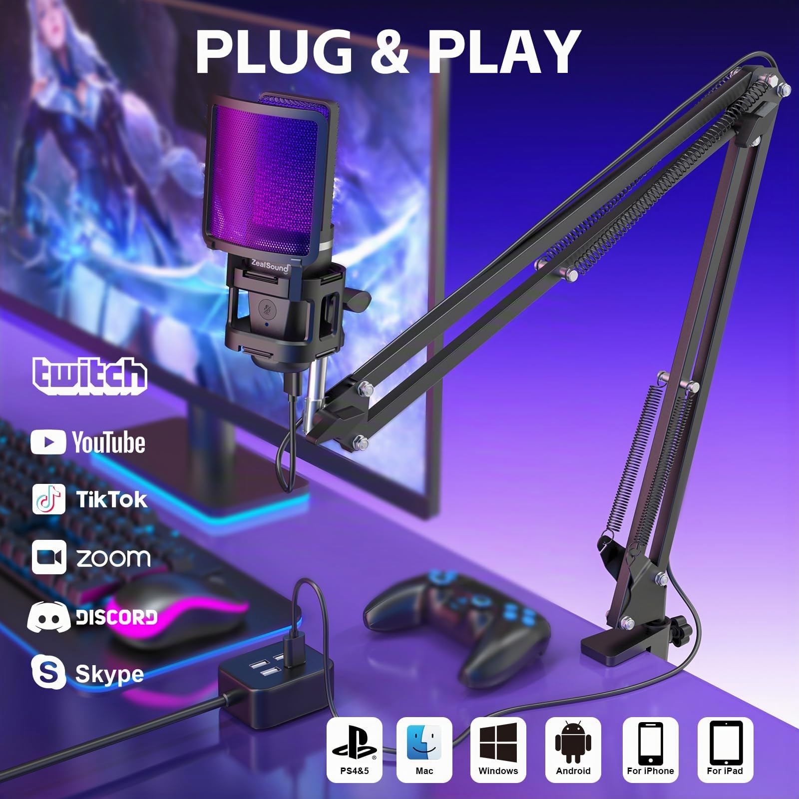 zealsound Gaming micrófonos USB, micrófono Condensador RGB, micrófono PC, Soporte con Brazo, cardioide, Silencio, Youtube/Zoom, transmisión en Vivo, en línea, Android/Windows/macOS/para PS 4&5